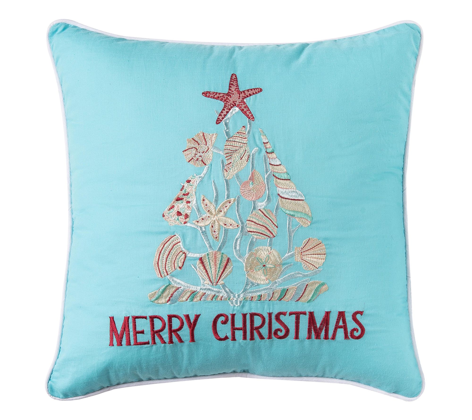 Merry Christmas Seashells Aqua Pillow by Valerie