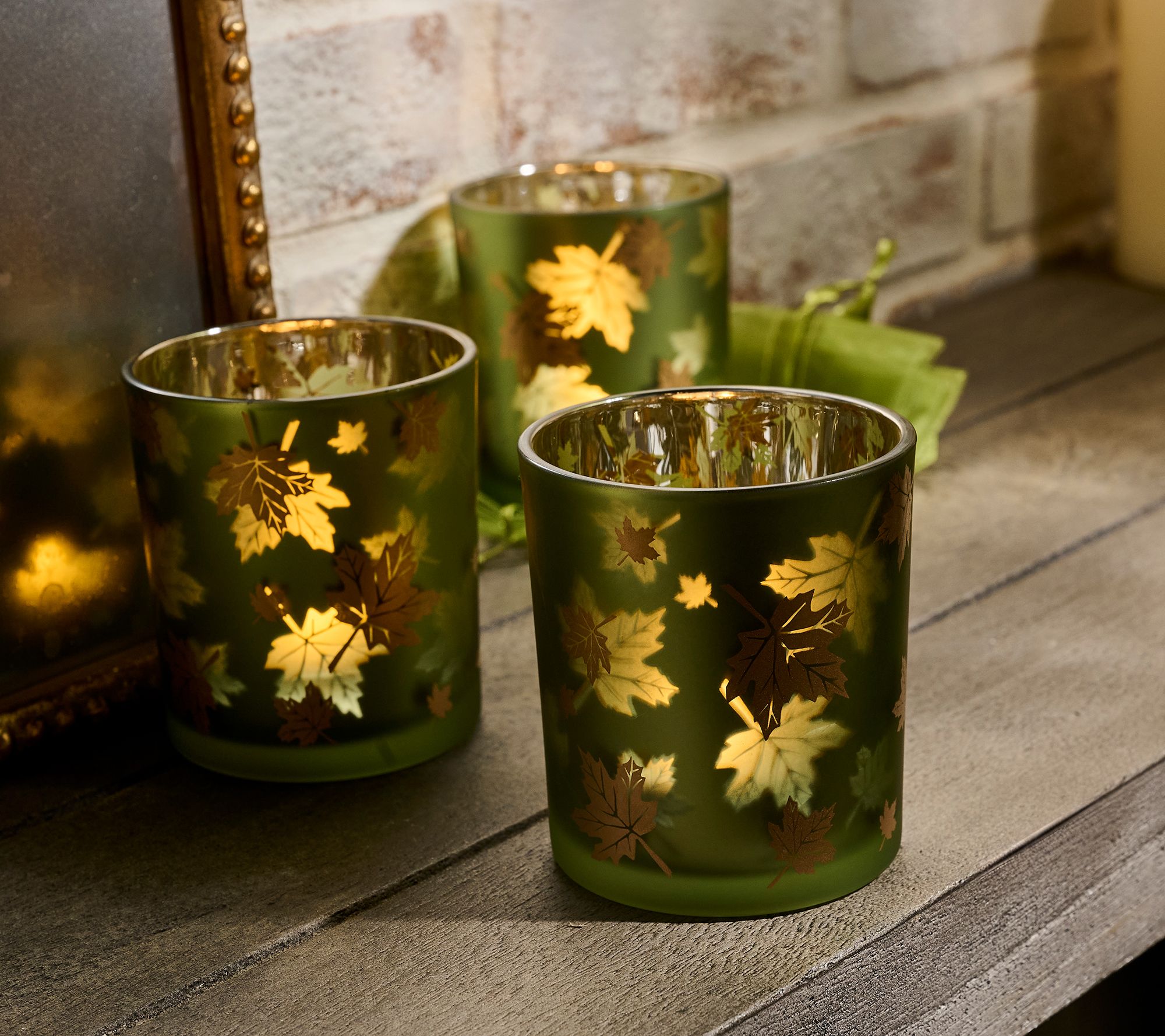 "As Is" S/3 Illuminated Atumn Leaves Glass Votives by Valerie