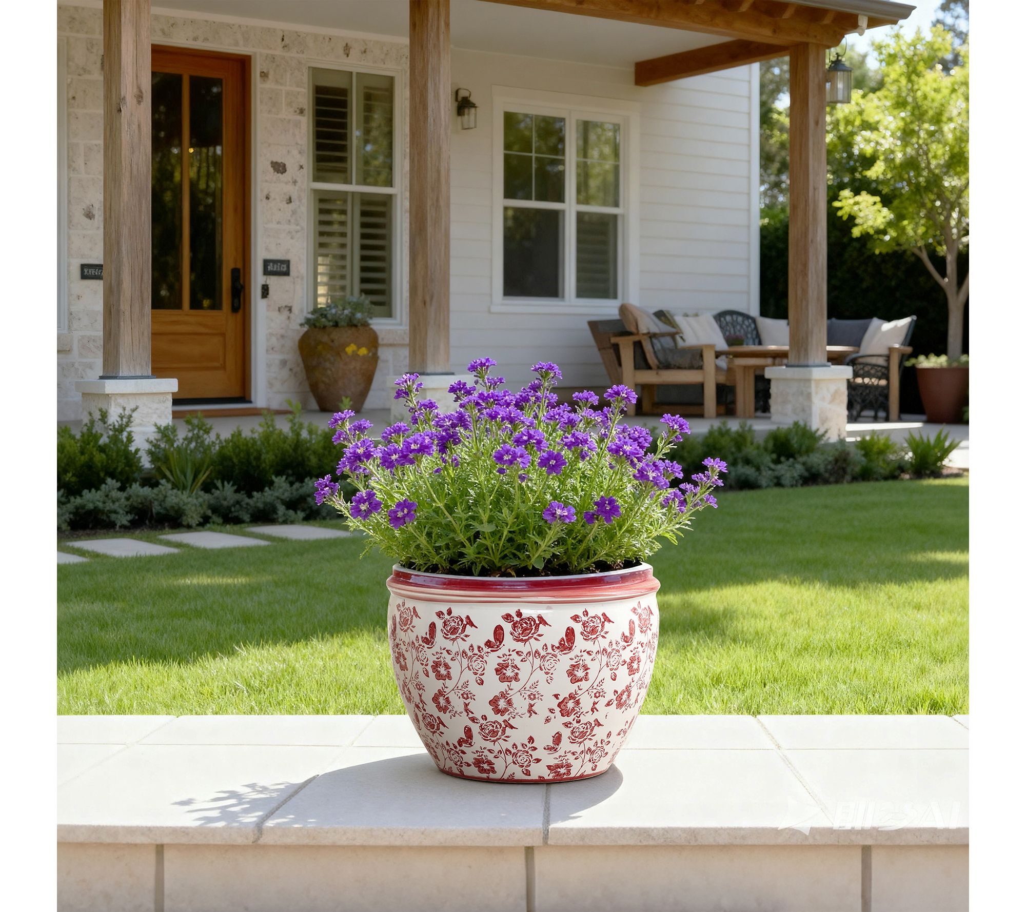 LuxenHome Red Floral Ceramic Planter, 12.2" Round Pot