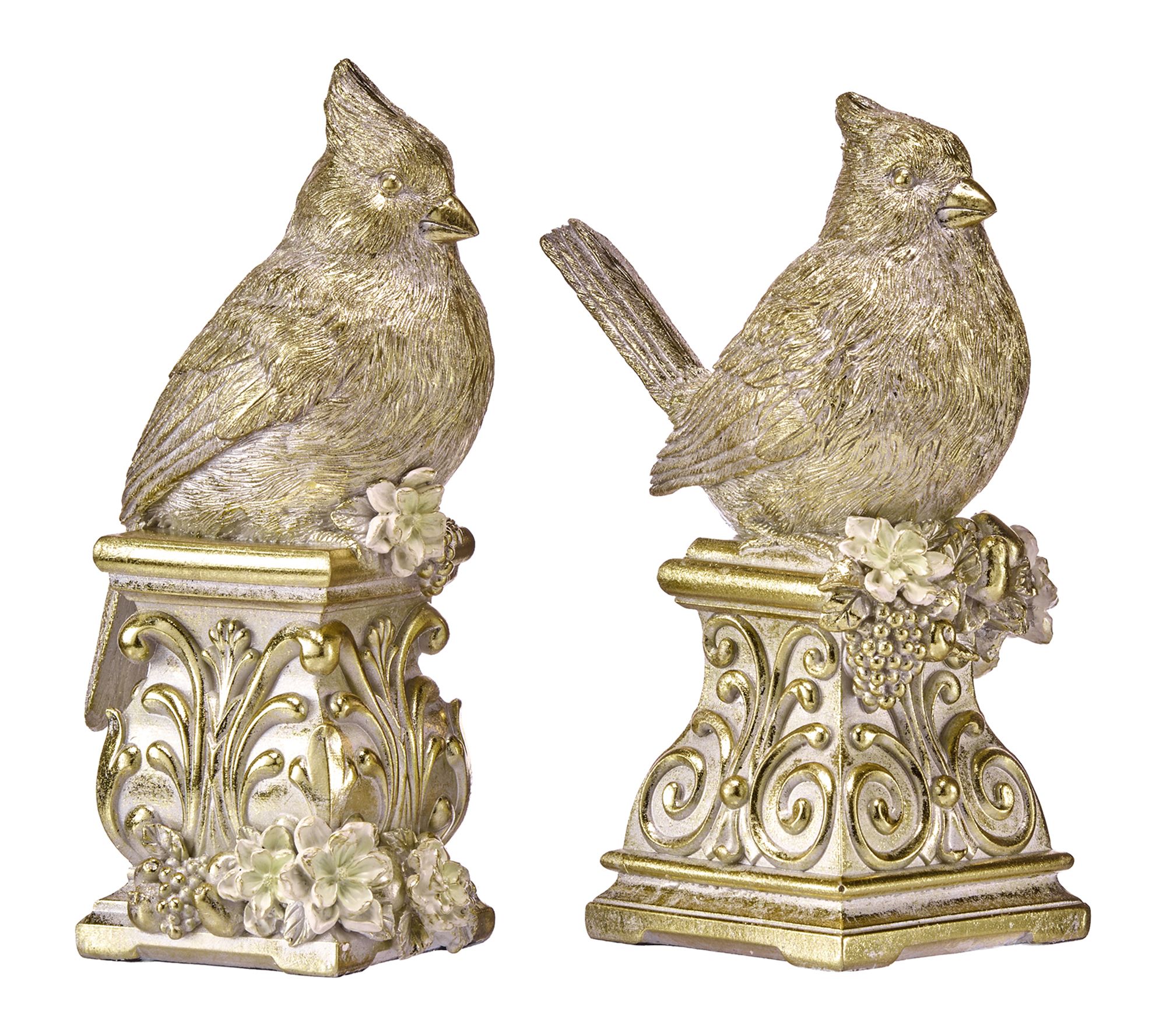 6" Resin Bird and Magnolia On Pedestal Set of 2 by Valerie
