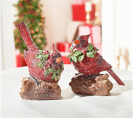 Set of 2 Glittered Cardinals Perched on Logs by Valerie