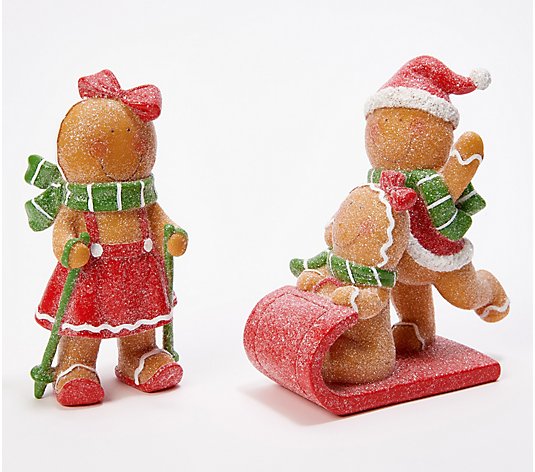 Set of 2 Skiing and Sledding Gingerbread Figures by Valerie