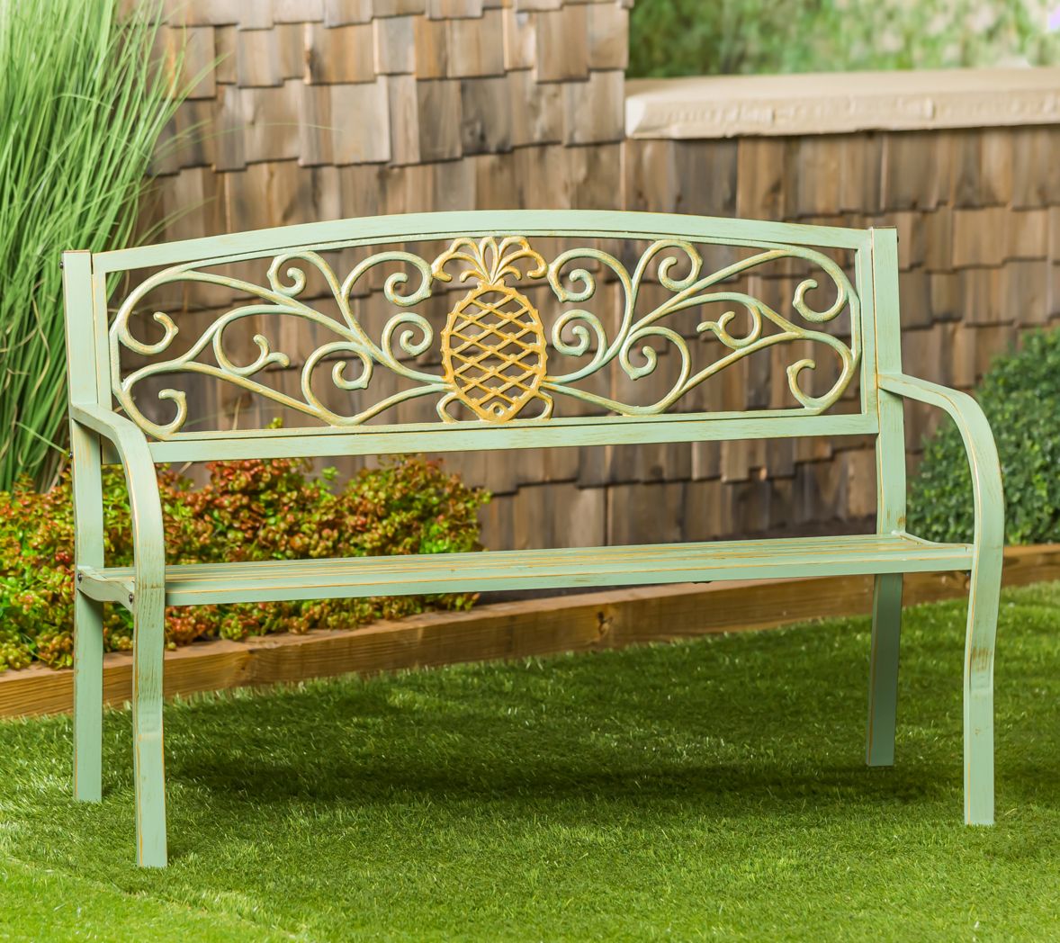 Green metal best sale garden bench