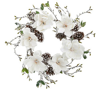 24" Snowed Magnolia Pinecone Wreath by Nearly Natural
