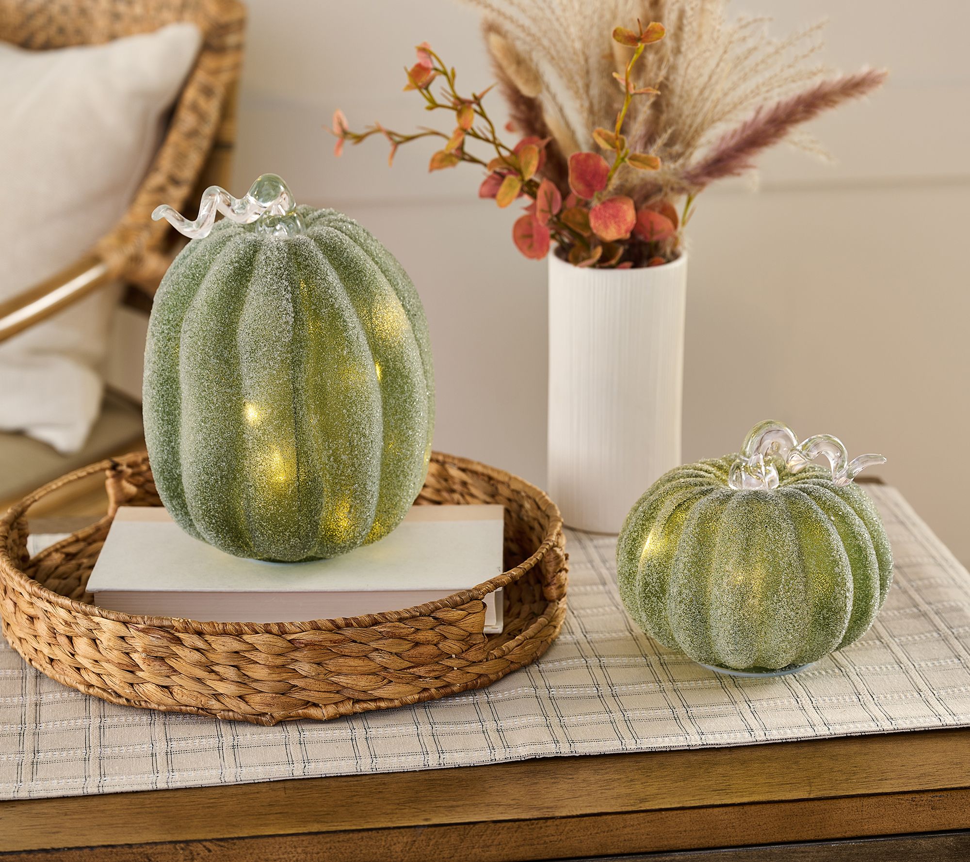 Set of 2 Illuminated Sugared Glass Pumpkins by Valerie