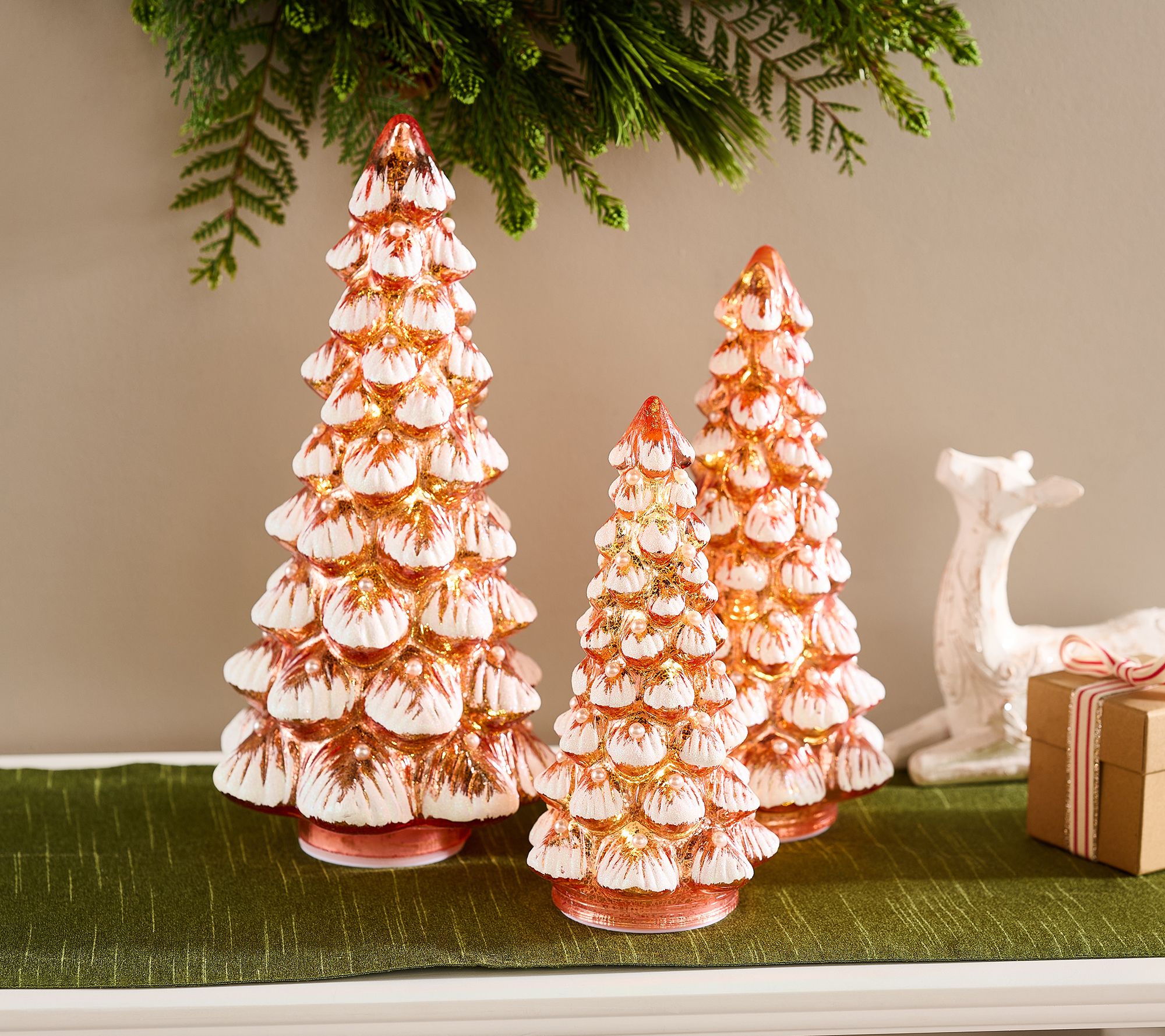 Set of 3 Illuminated Snow Tipped w/ Pearl Trees by Valerie