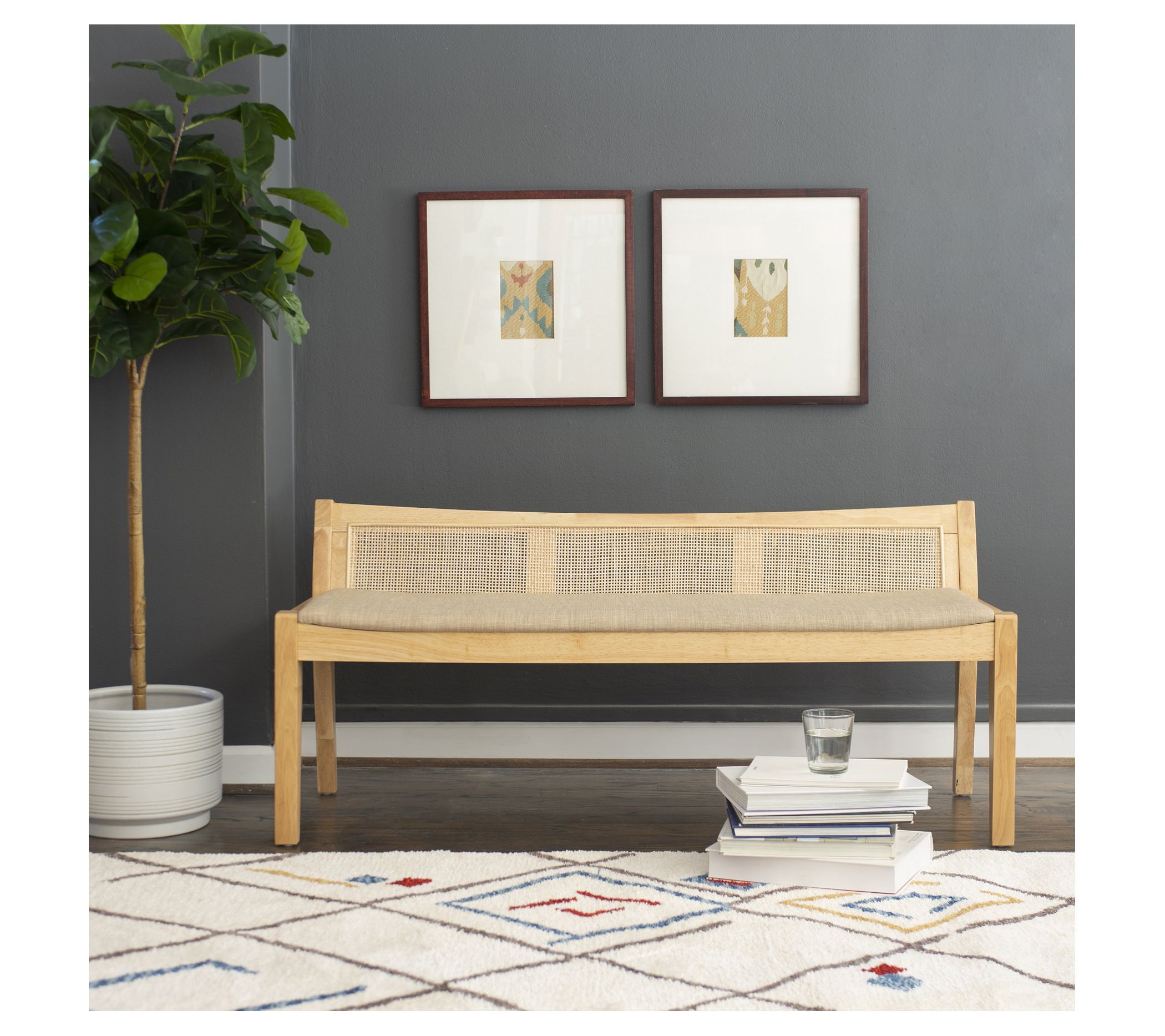 Linon Home Jules Rattan Cane Bench W/Padded Seat
