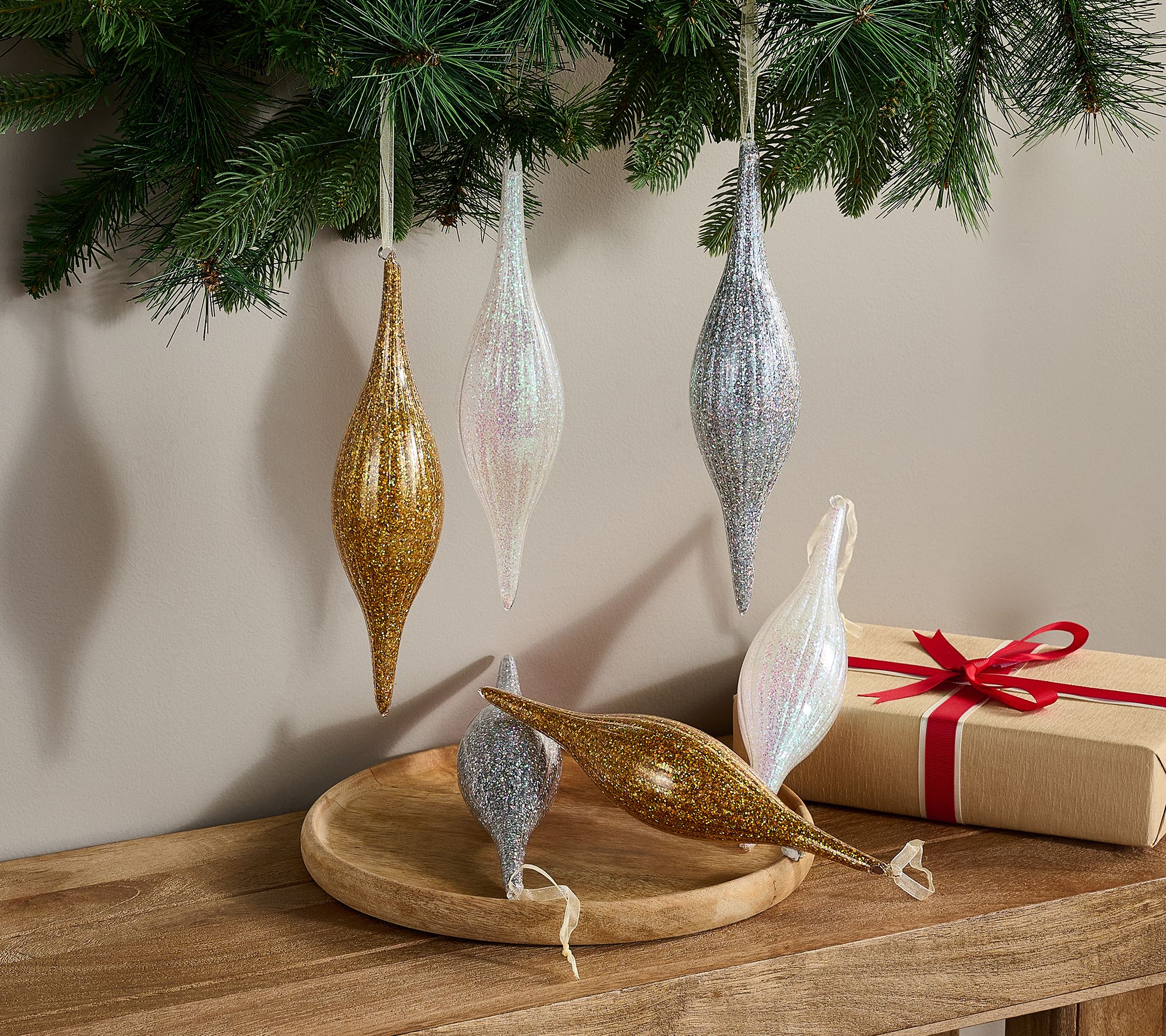 "As Is" Fierce Home Set of 6 Glitter Finial Ornaments with Giftbox