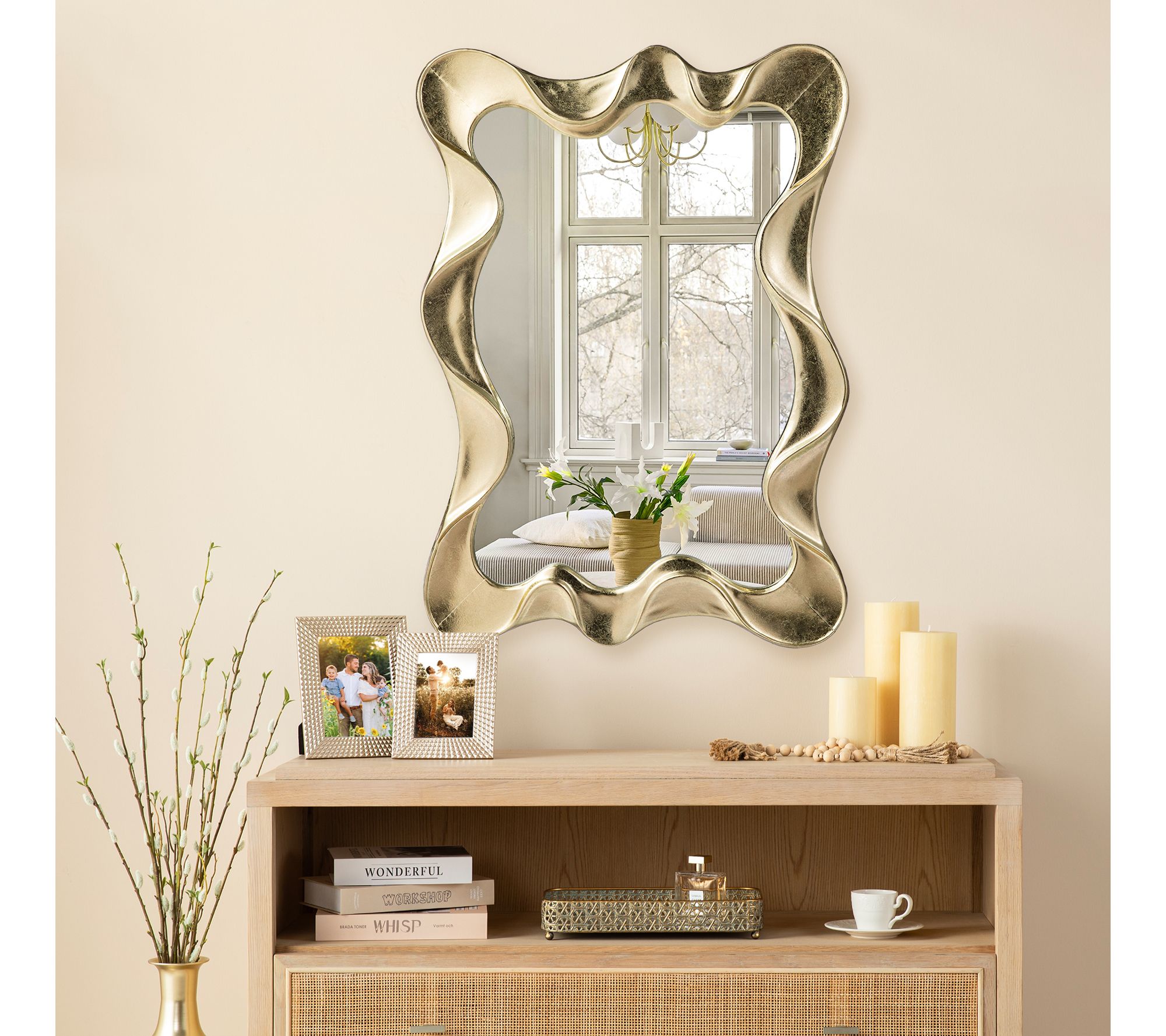 Glitzhome 34" H Modern Gold Foil Metal Frame Wavy Wall Mirror