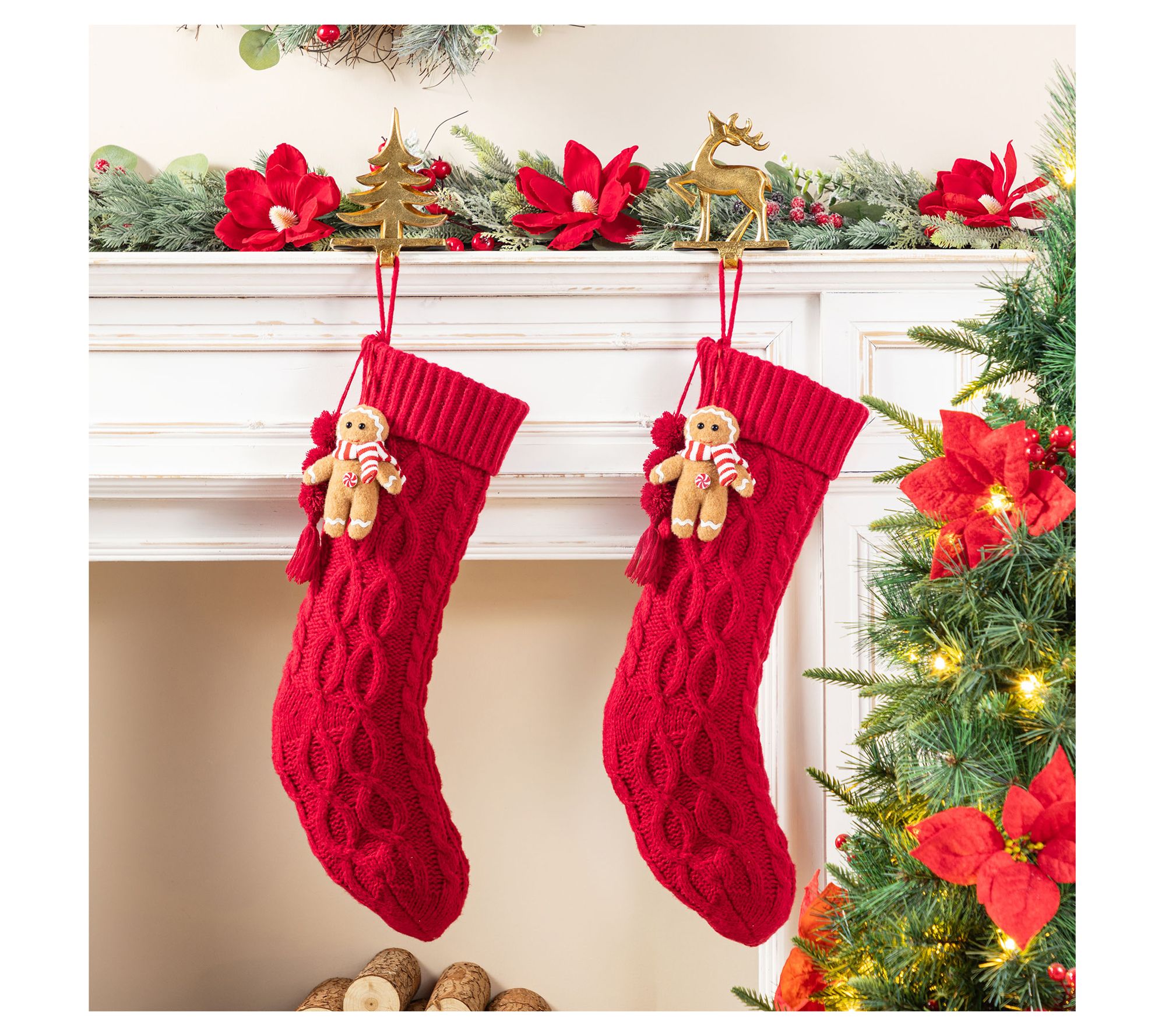 Glitzhome 22"L Red Gingerbread Man Knitted Christmas Stocking