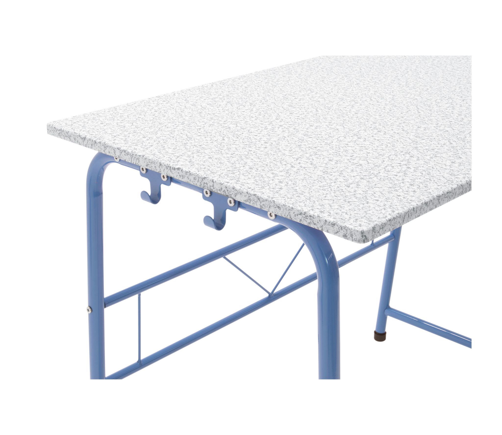 Detail of the blue metal frame and speckled top of the project desk.