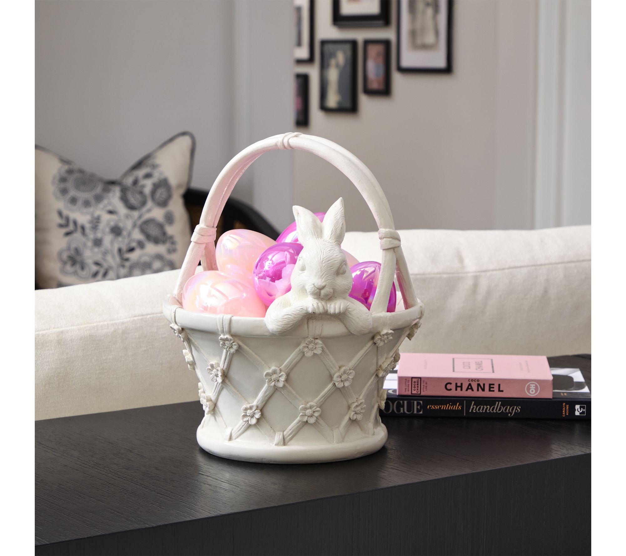 12" Resin Floral Basket With Bunny By Valerie