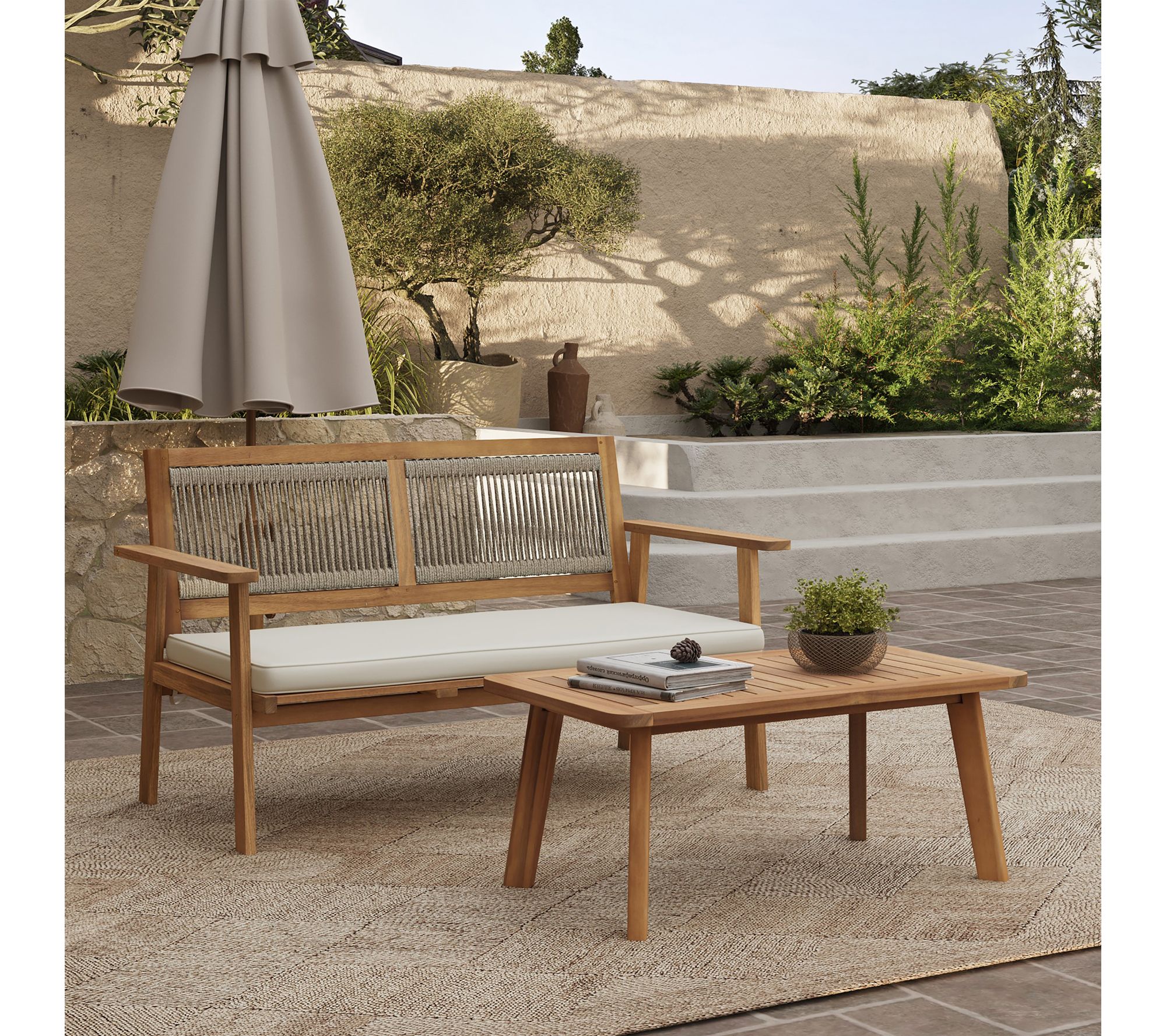 LuxenHome Patio Acacia Wood Rope Back Loveseat&