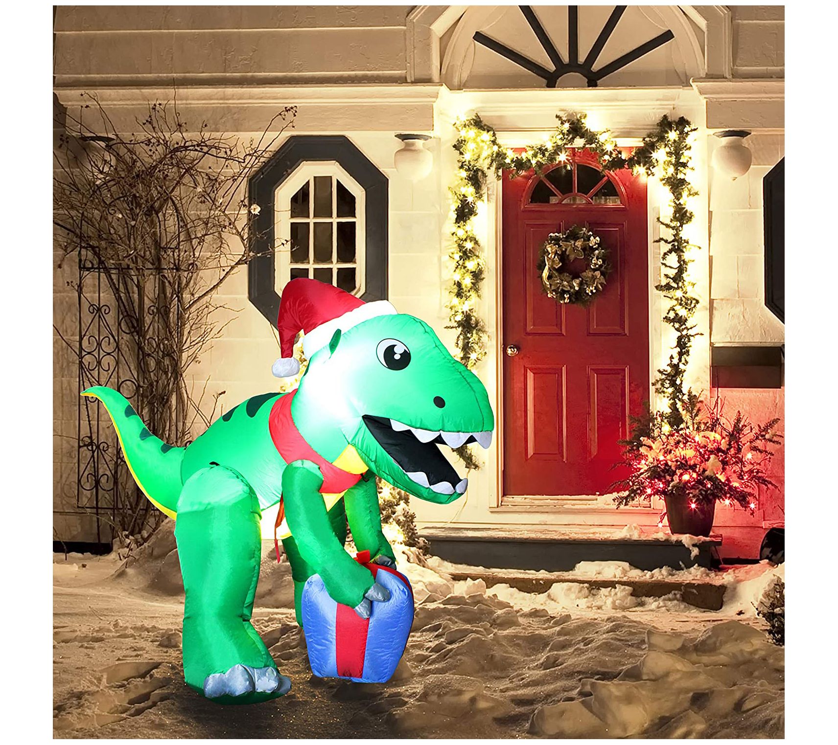 Joiedomi 5 ft Christmas Dinosaur with Hat Infla table