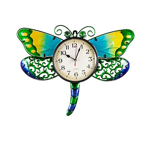 Evergreen Metal and Glass Shaped Wall Clock, Dragonfly