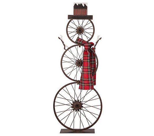 Glitzhome Christmas Holiday Faux Bike Wheel Snowman with Scarf