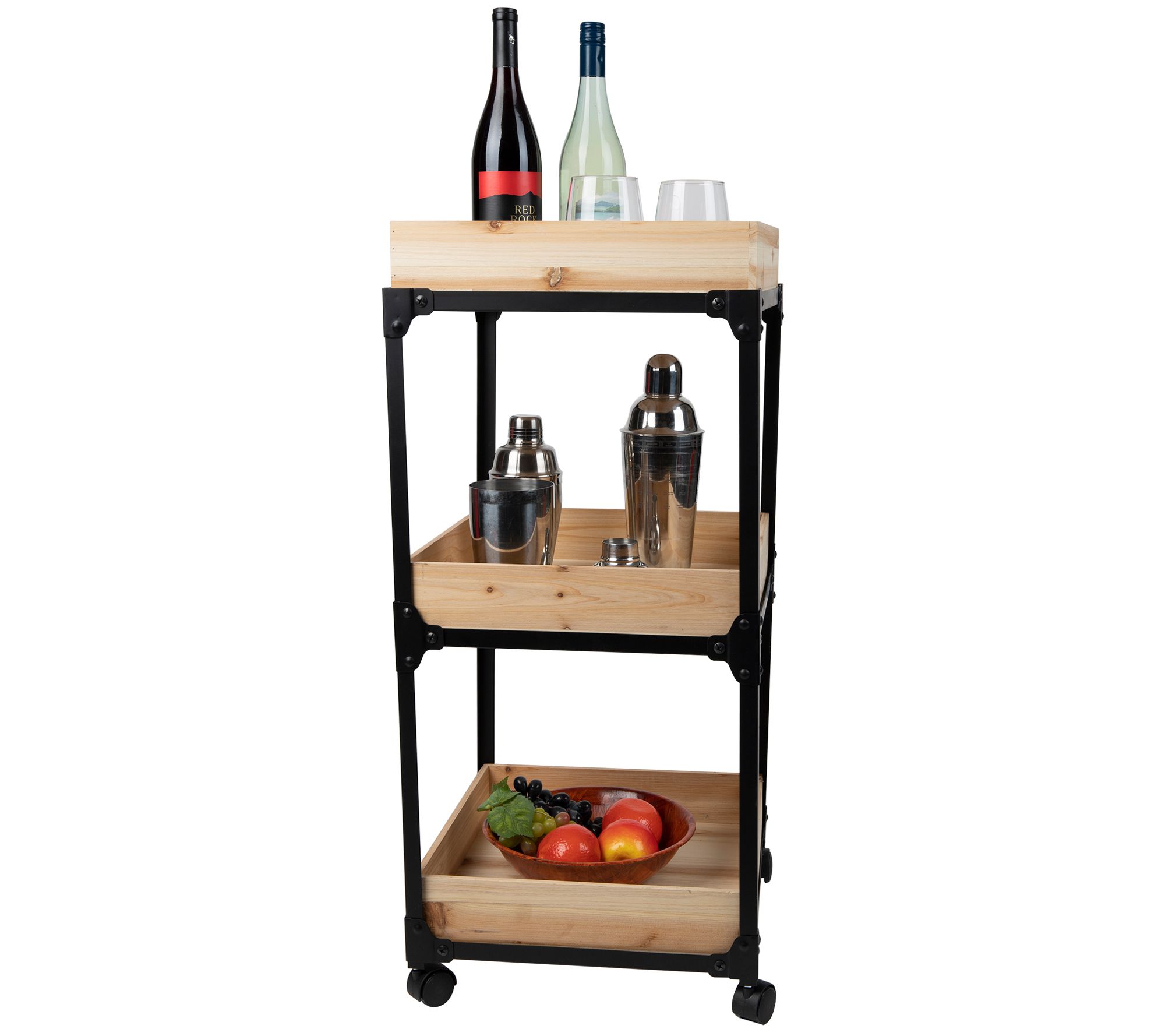 Mind Reader 3Tier Rolling Cart with Wooden Baskets Black