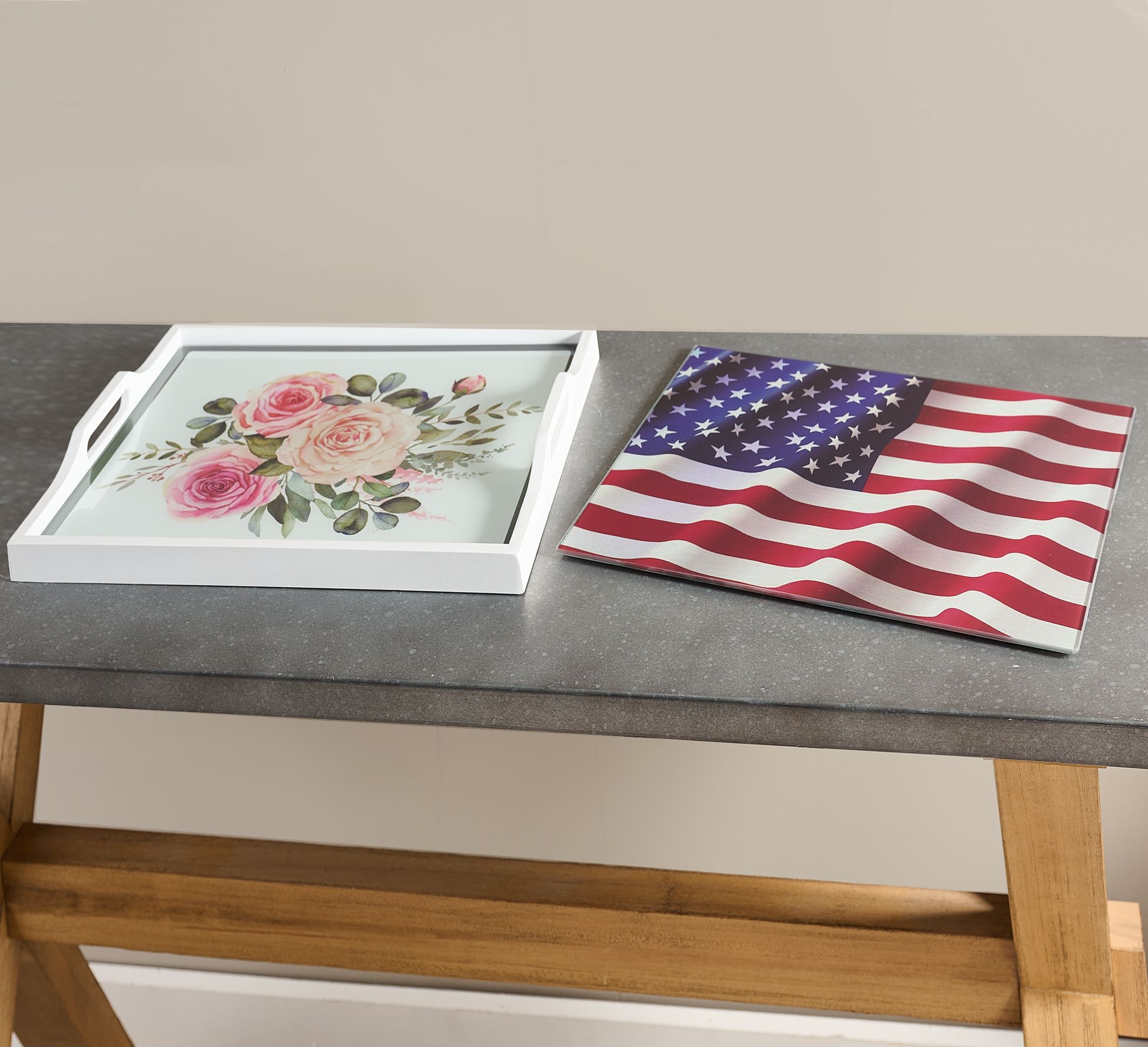 "As Is" Set of 2 Tempered Glass Cutting Boards with Wood Tray