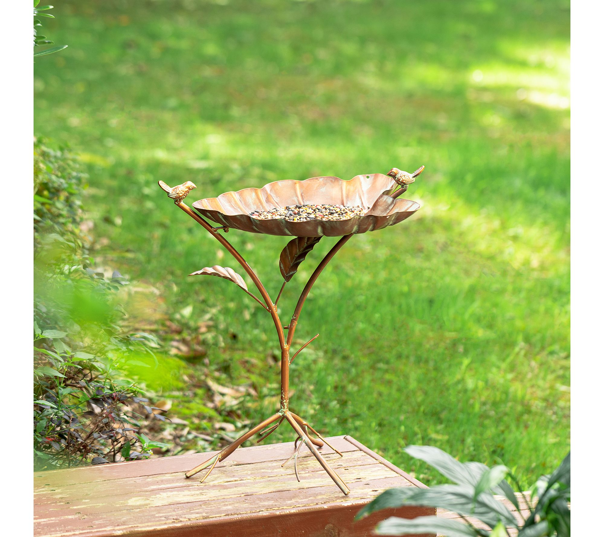 Glitzhome 20" 2-in-1 Faux Copper Leaf Garden Birdfeeder
