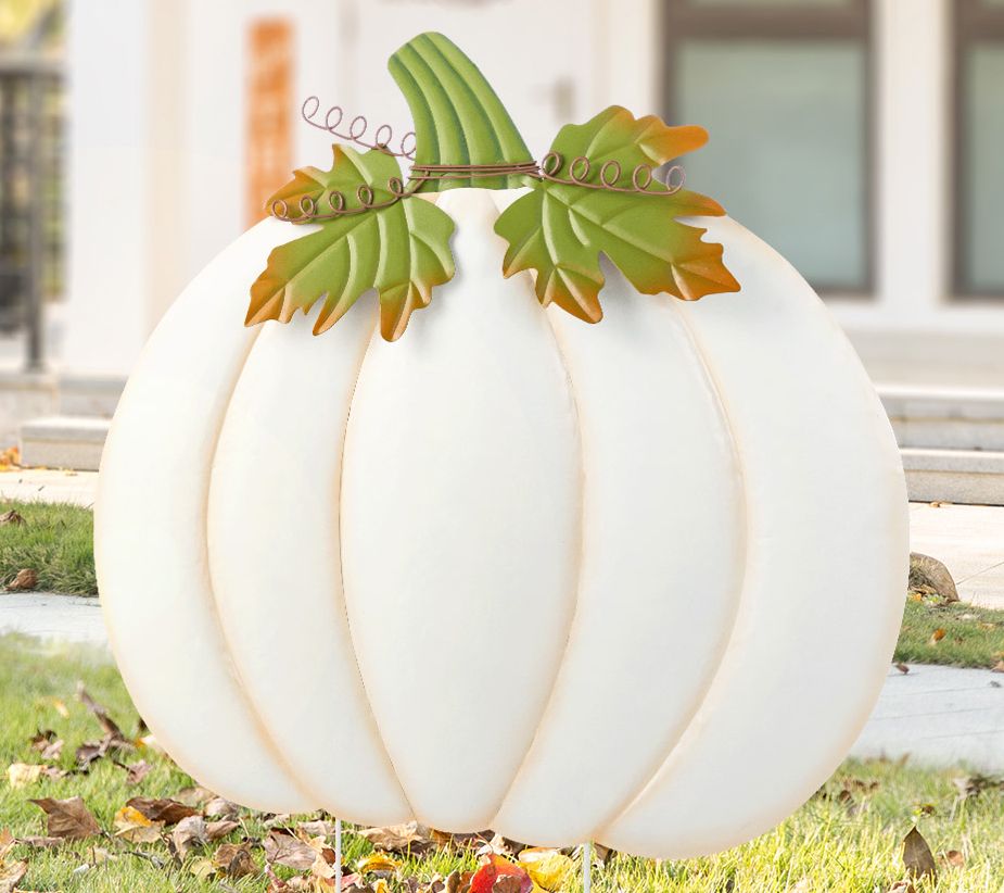 Glitzhome 40"H Fall Large Metal Ivory Pumpkin Garden Stake