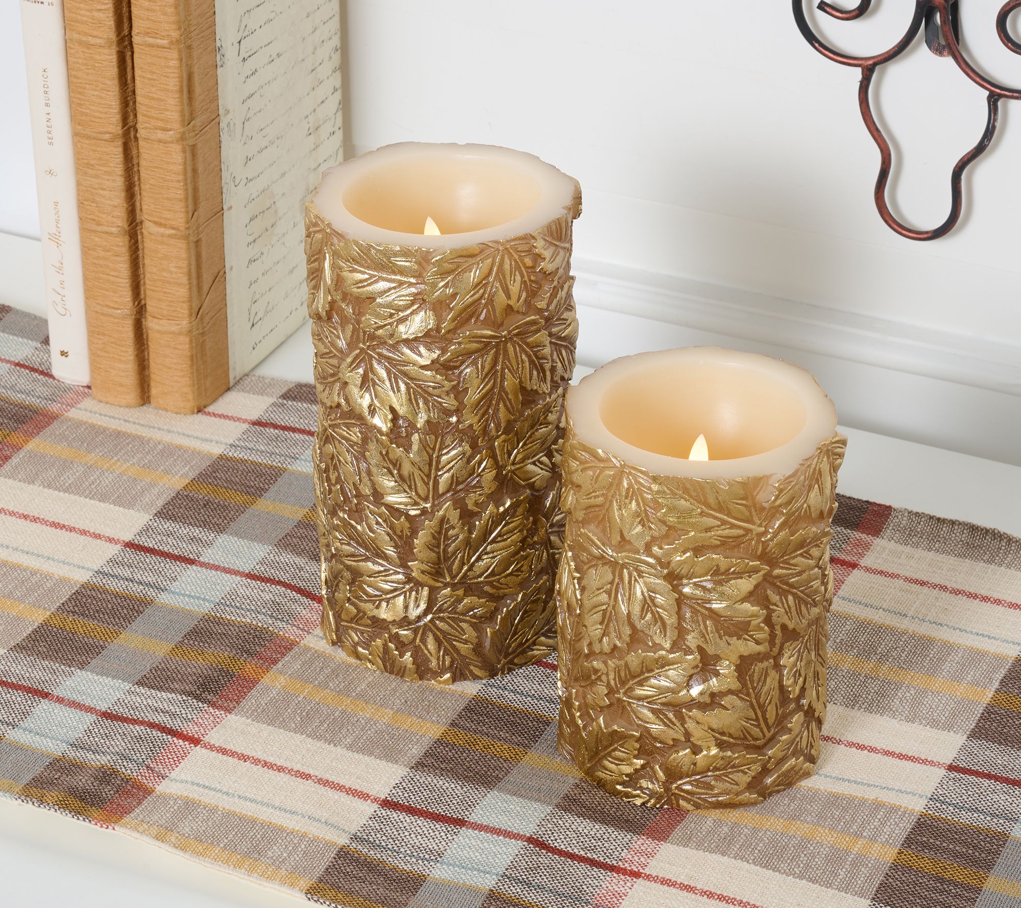 "As Is" Home Reflections S/2 Flameless Metallic Leaf Pillar Candles