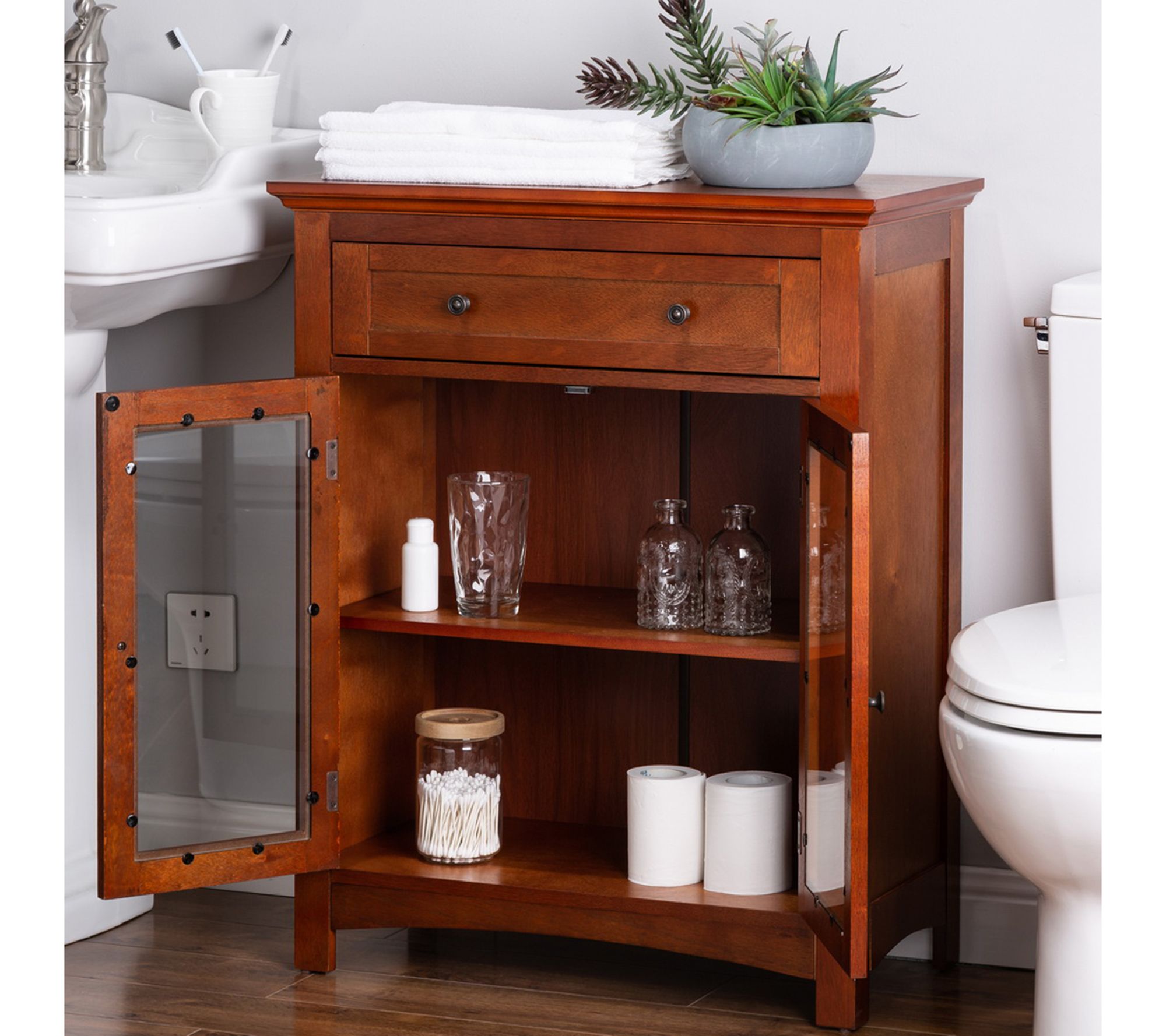 Glitzhome Wooden Shelved Floor Storage Cabinet/ Drawer - QVC.com