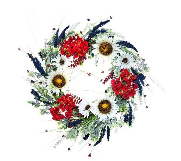 Patriotic Sunflower & Geranium Wreath 24" by Valerie