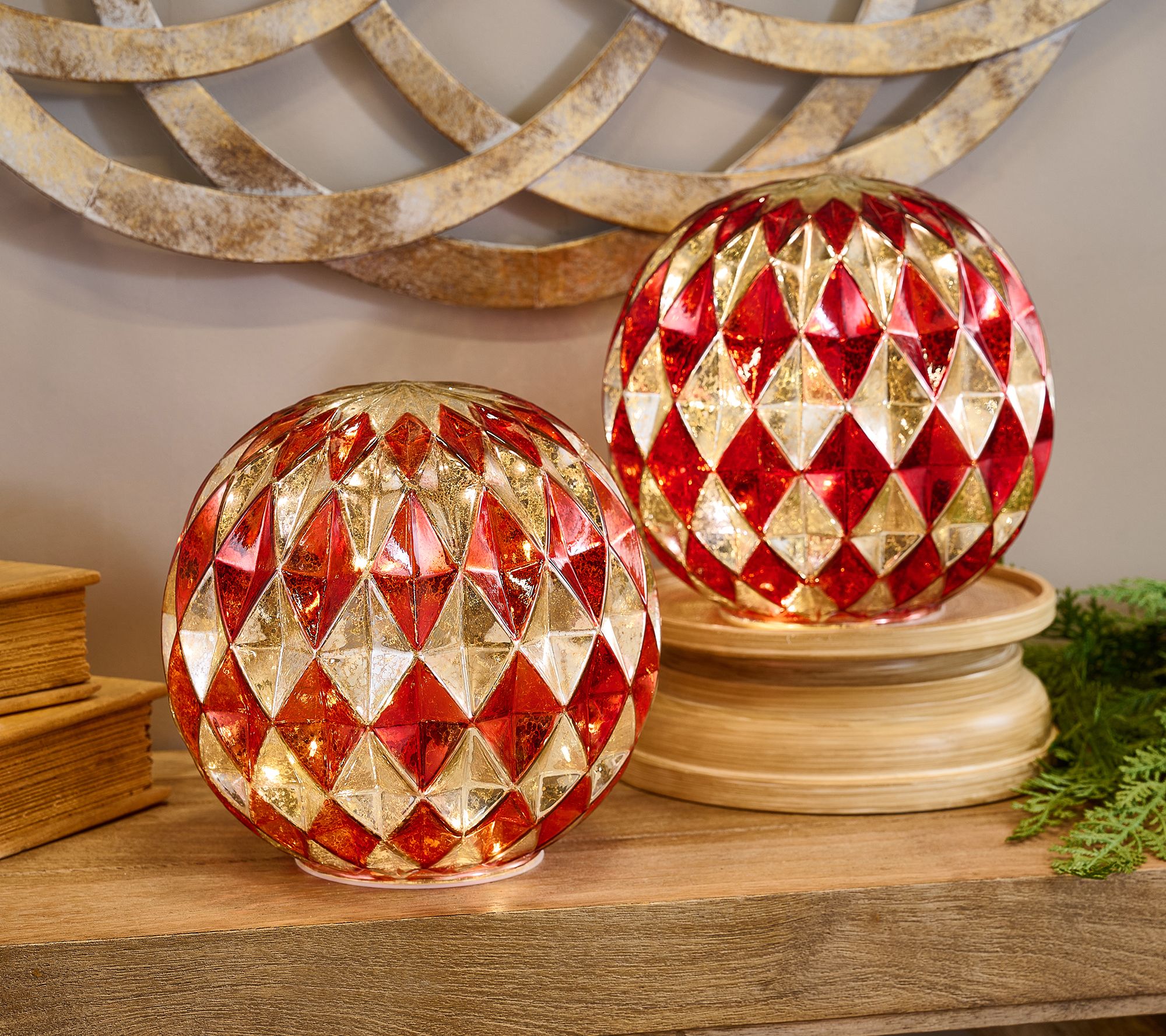 "As Is" Set 2 8" Illuminated Harleqiun Spheres by Valerie