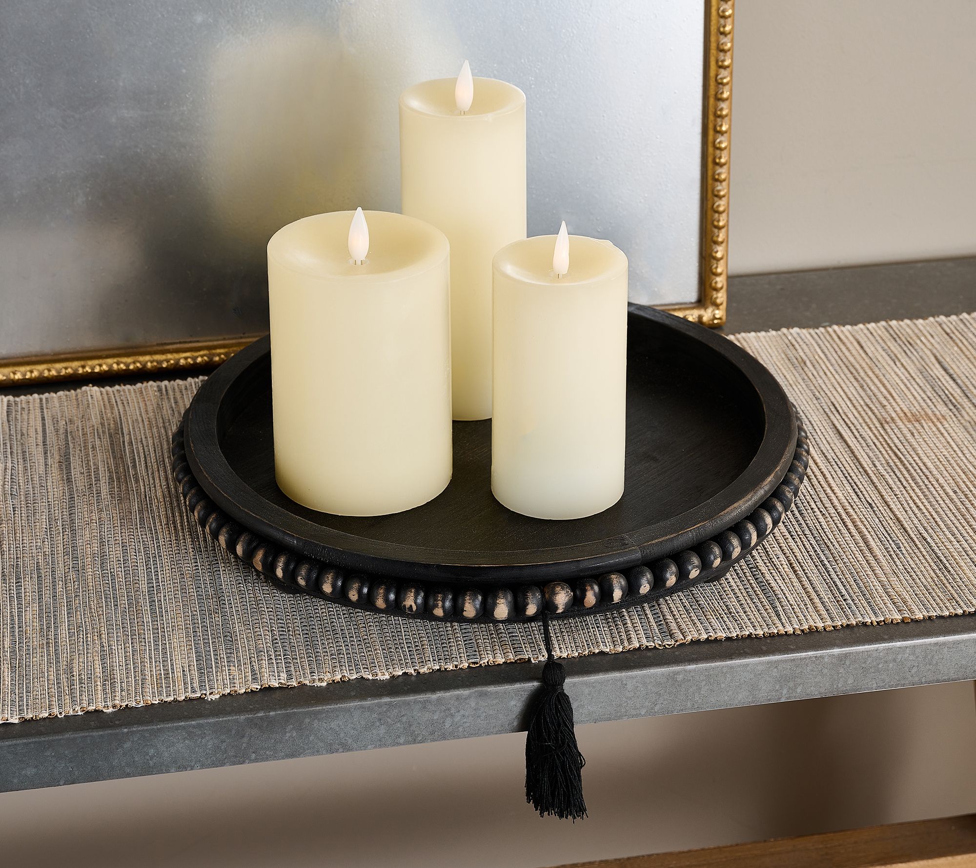 "As Is" Round Wood Tray with Beaded Detail and Tassel by Valerie