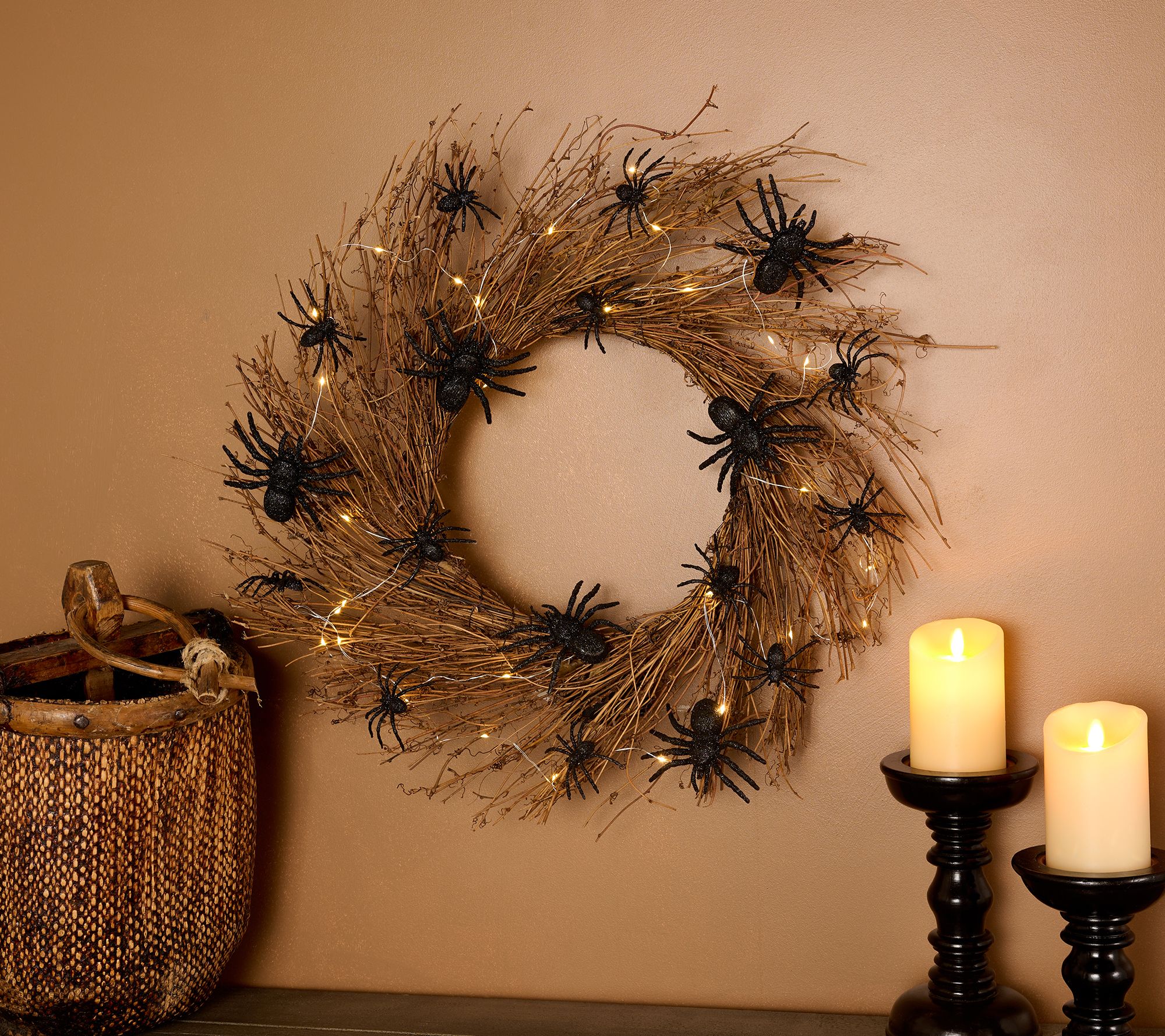 As Is Hay & Harvest 26" Lit Rattan Spider Wreath