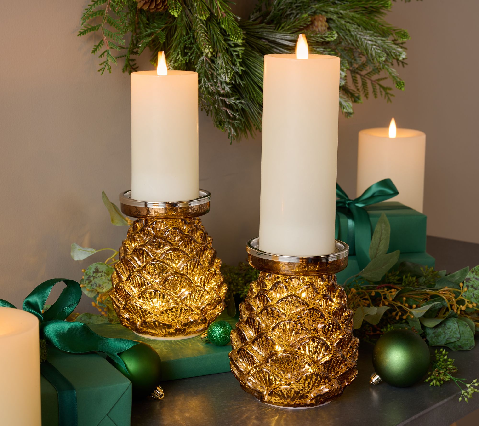 "As Is" Set of 2 Lit Mercury Glass Pinecone Pedestals by Valerie