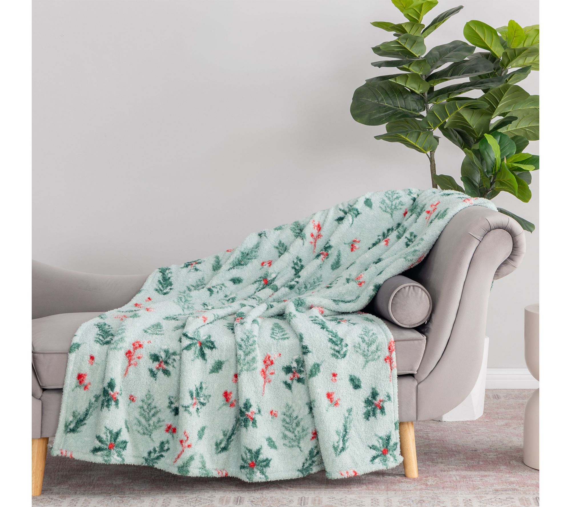 "As Is" Berkshire 60x70 Printed Retro Plush Winter Greenery Throw