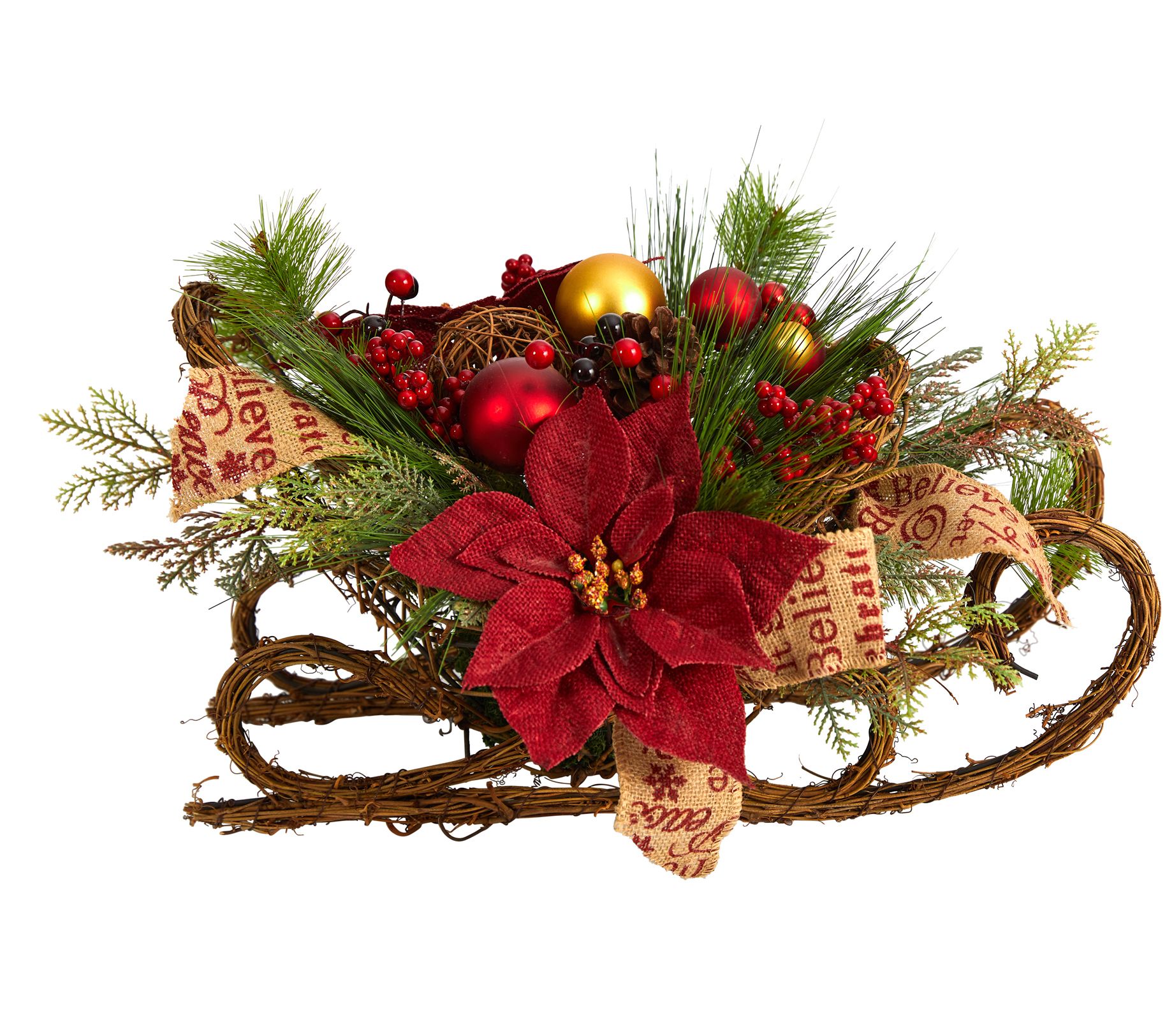 Nearly Natural 18" Sleigh with Poinsettia, Berries, Pinecones