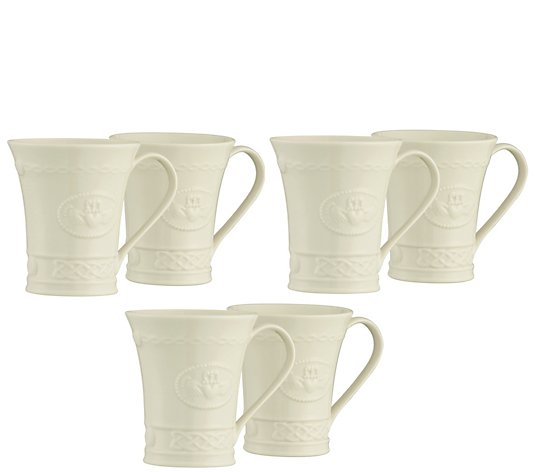 Belleek Pottery Set of 6 Claddagh Mugs with Gift Box