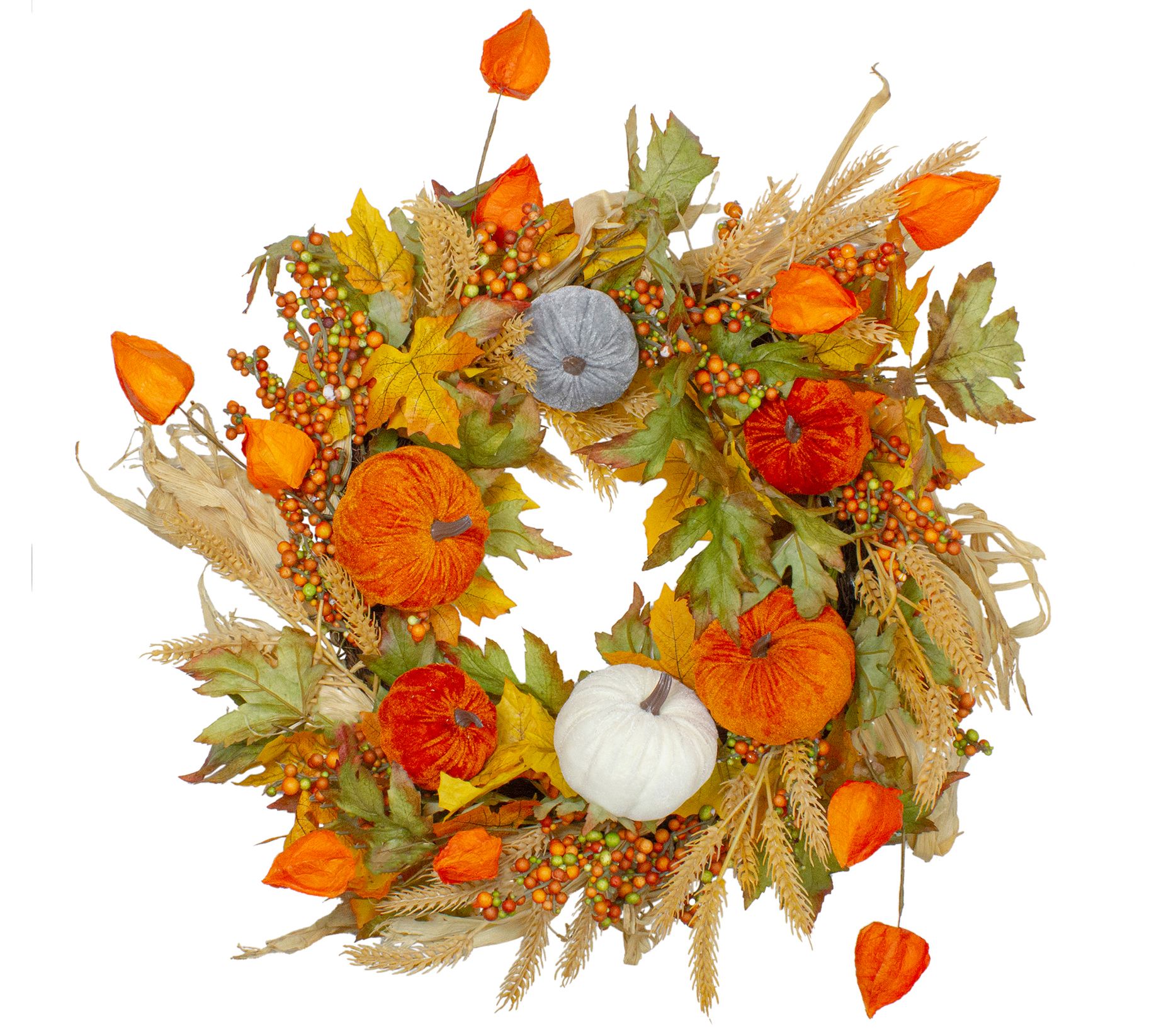 Northlight Velvet Pumpkins & Wheat Fall HarvestWreath - 24"