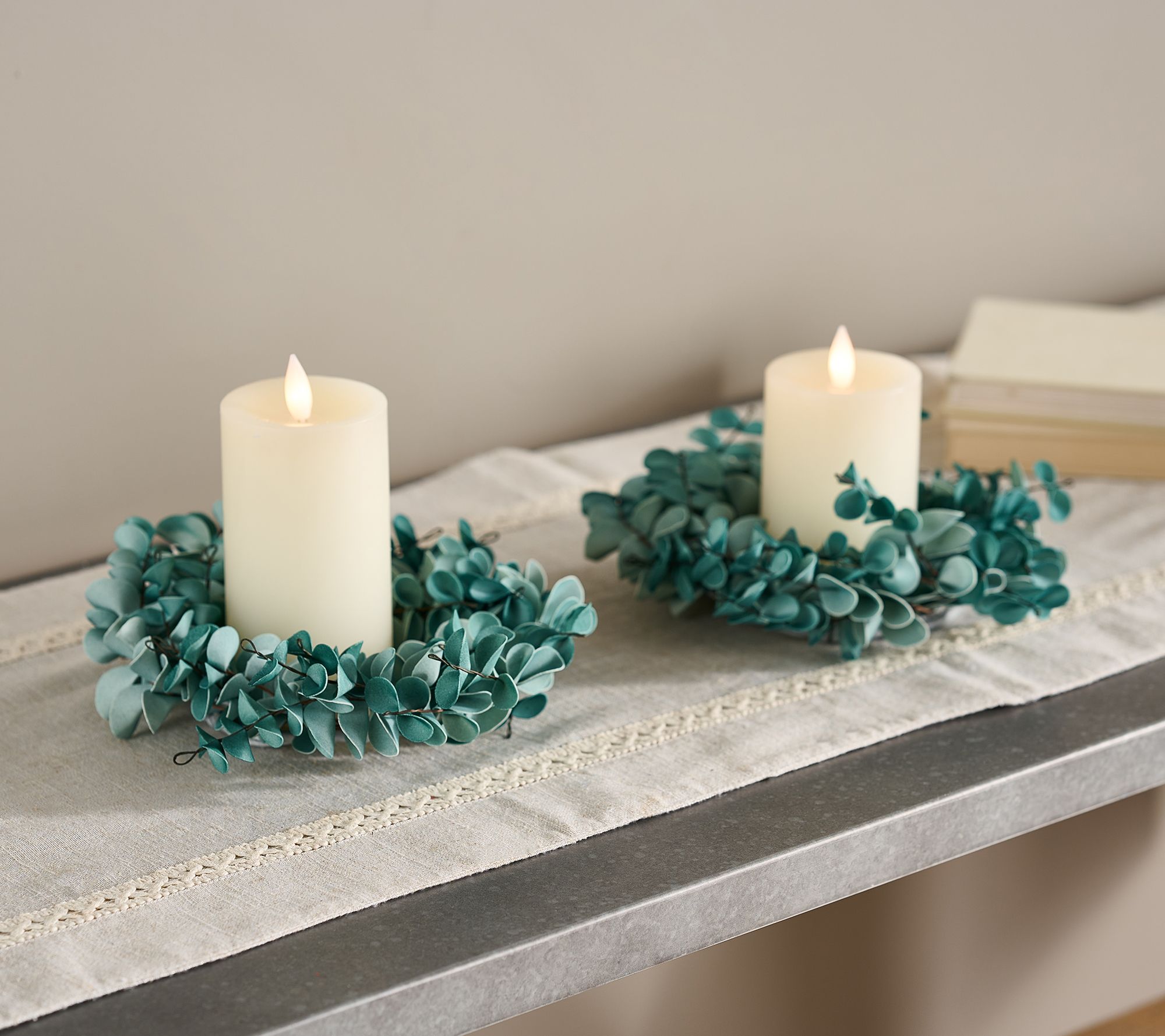 S/2 Soft Touch Water Color Eucalyptus Candle Rings by Valerie