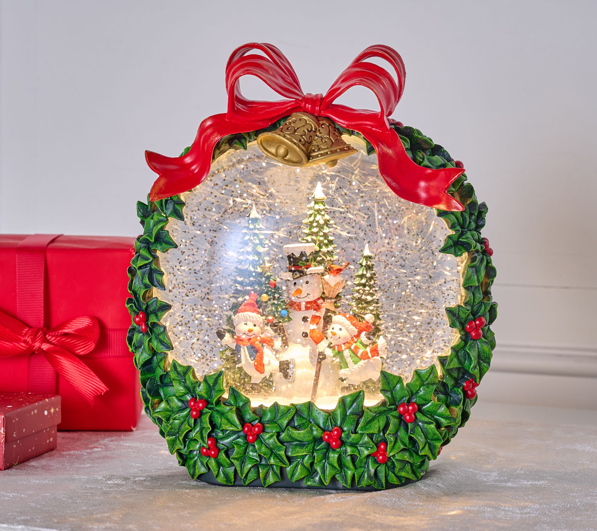 8" Illuminated Glitter Globe Wreath with Scene by Valerie