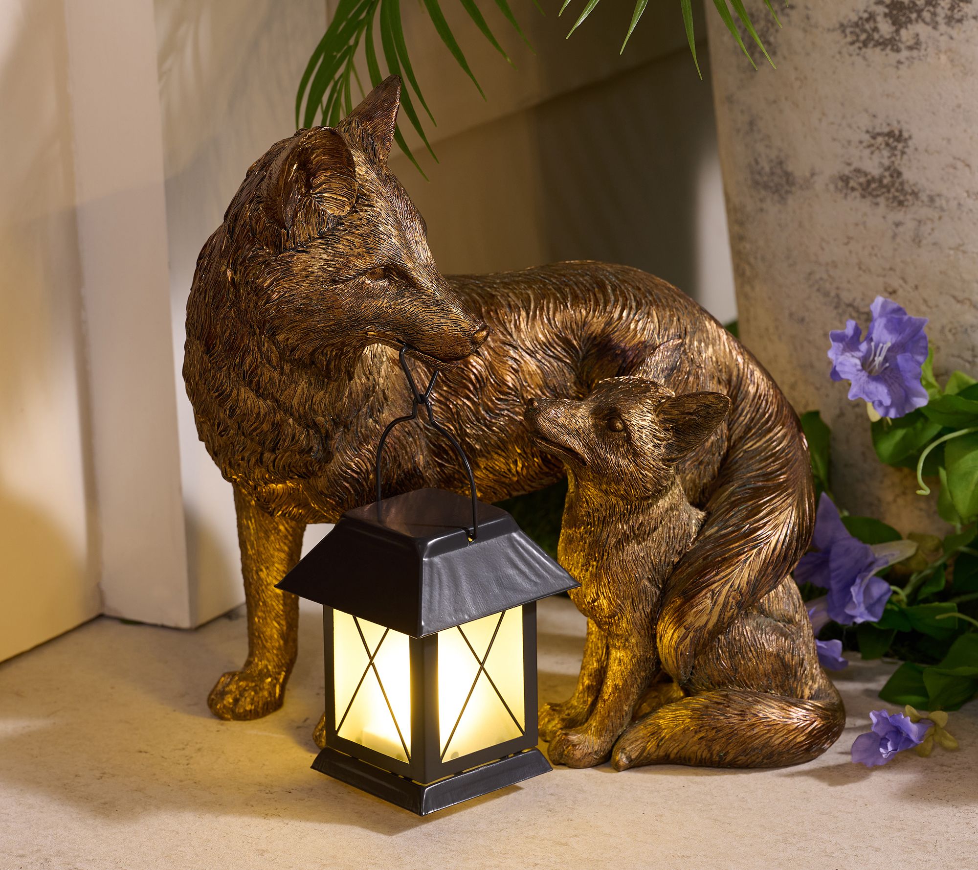 Indoor/Outdoor Fox and Baby w/ Illuminated Lantern by Valerie