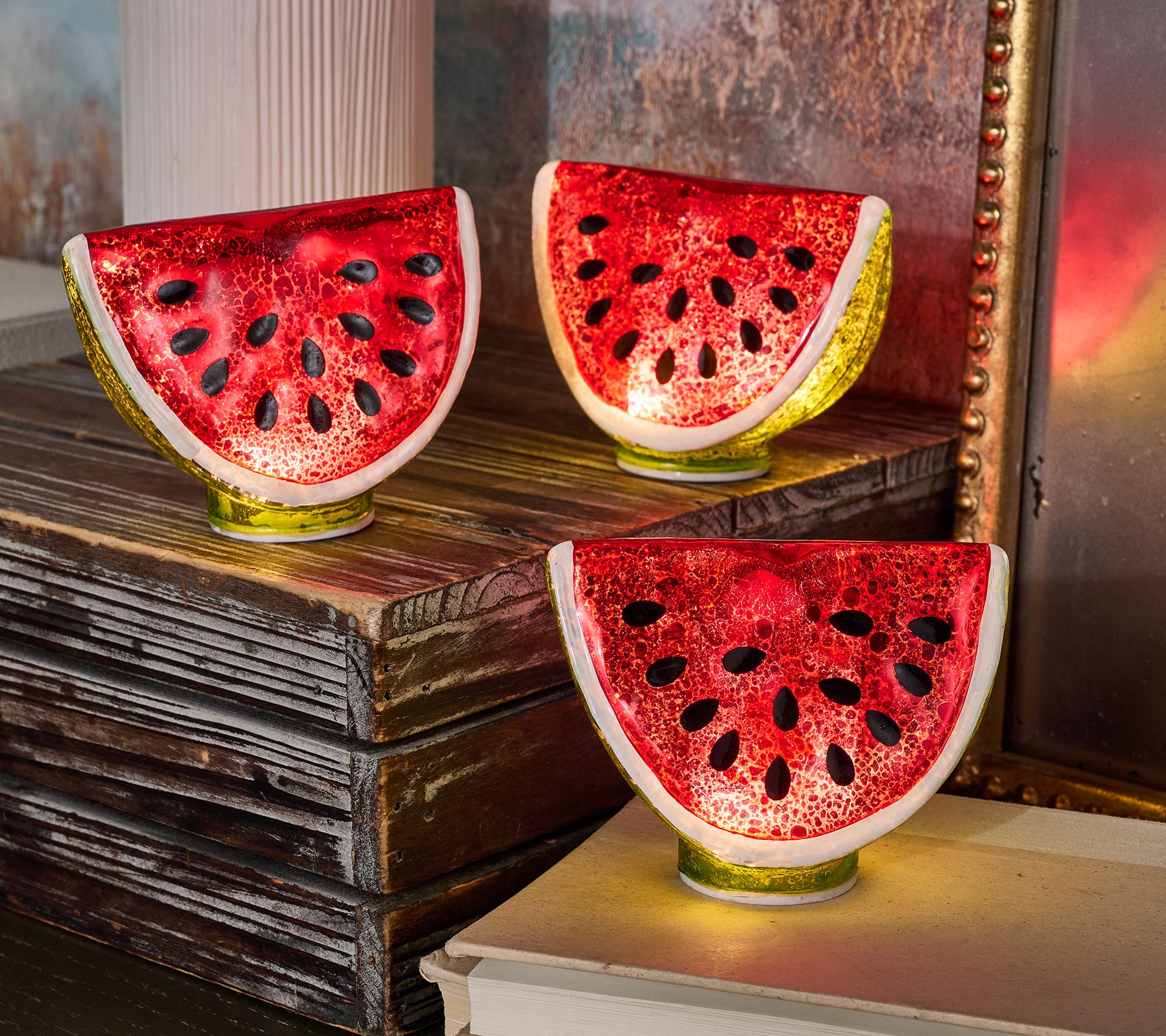  S/3 Illuminated Mercury Glass Watermelon Slices by Valerie