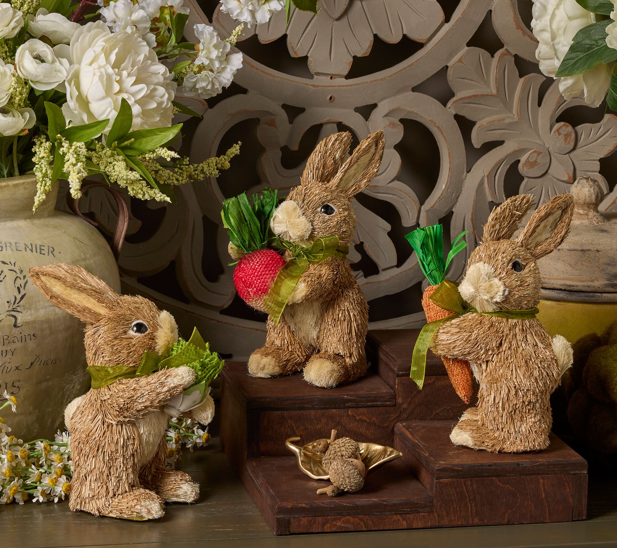 "As Is" Set of 3 Sisal Bunnies with Vegatables by Valerie