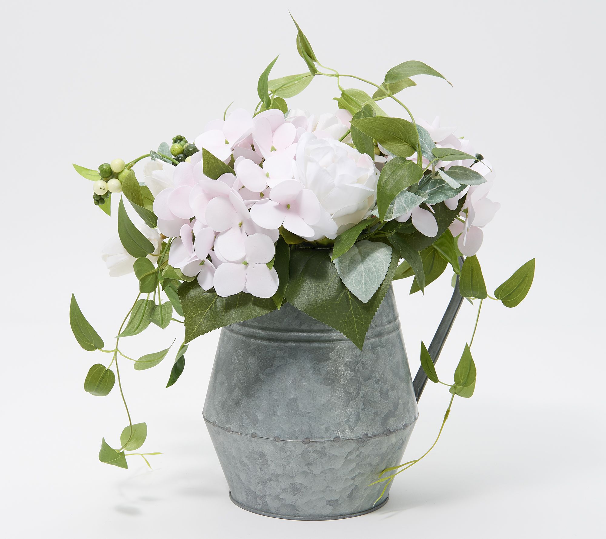 Hydrangea Peony and Tulip Arrangement in Metal Pitcher by Valerie