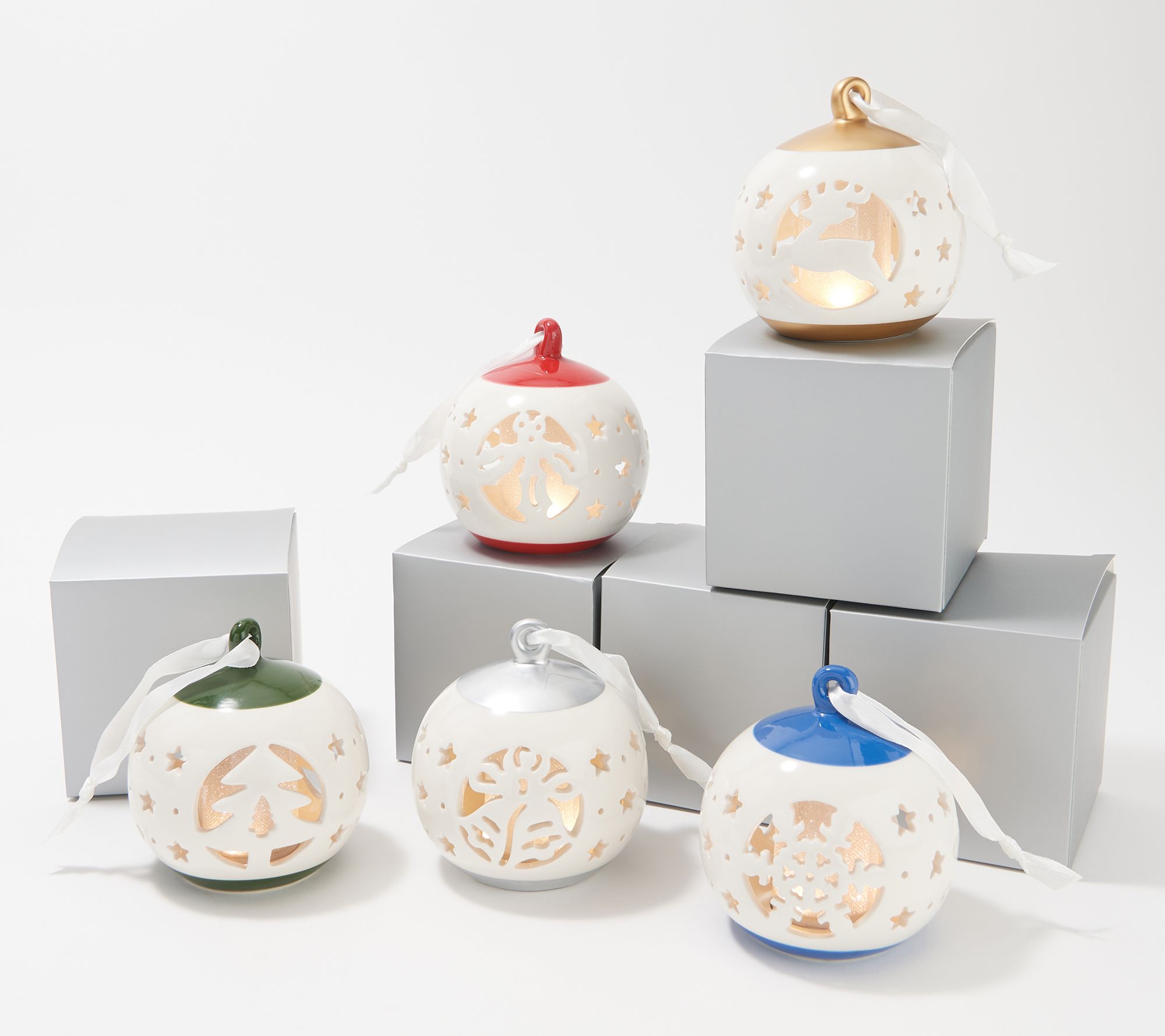 "As Is" Lightscapes Set of 5 Lit Cutwork Ceramic Ornaments