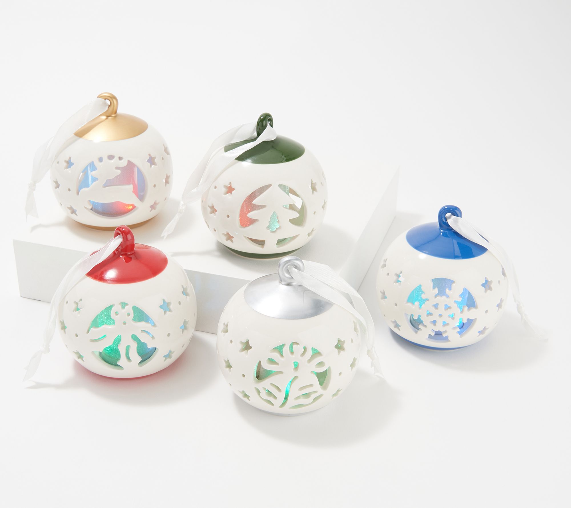 "As Is" Lightscapes Set of 5 Lit Cutwork Ceramic Ornaments