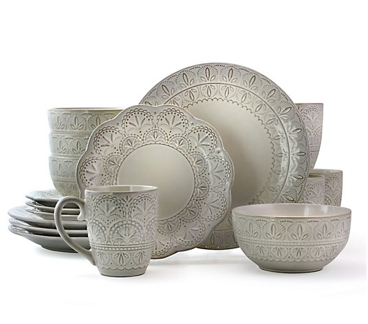 Elama White Lace 16-Piece Scallop Stoneware Dinnerware Set