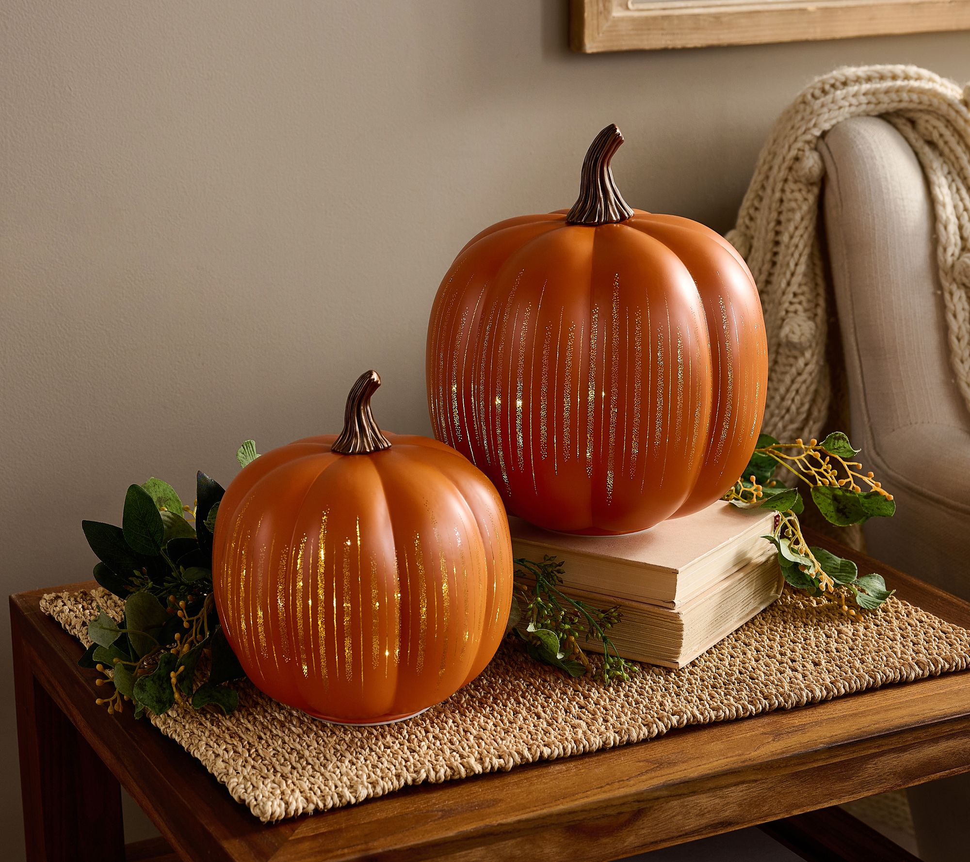 Set of 2 Illuminated Starry Night Glass Pumpkins by Valerie
