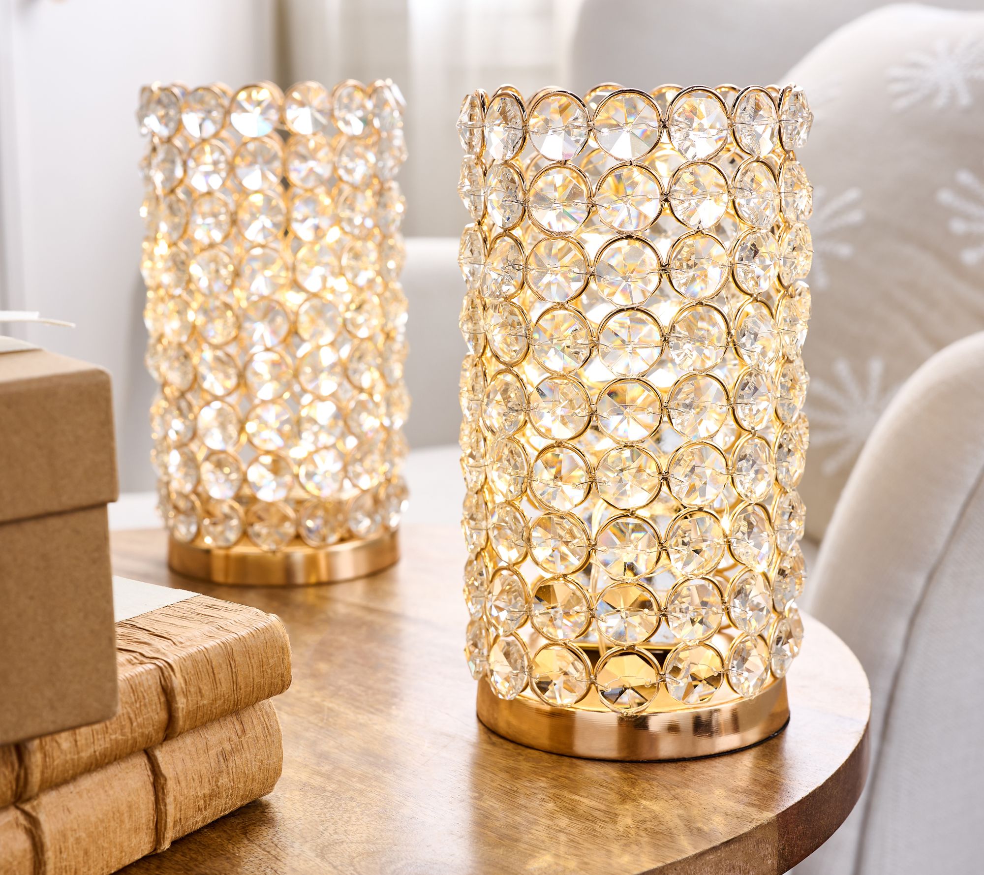 Set of 2 8" Illuminated Faceted_Glass Hurricanes by Valerie