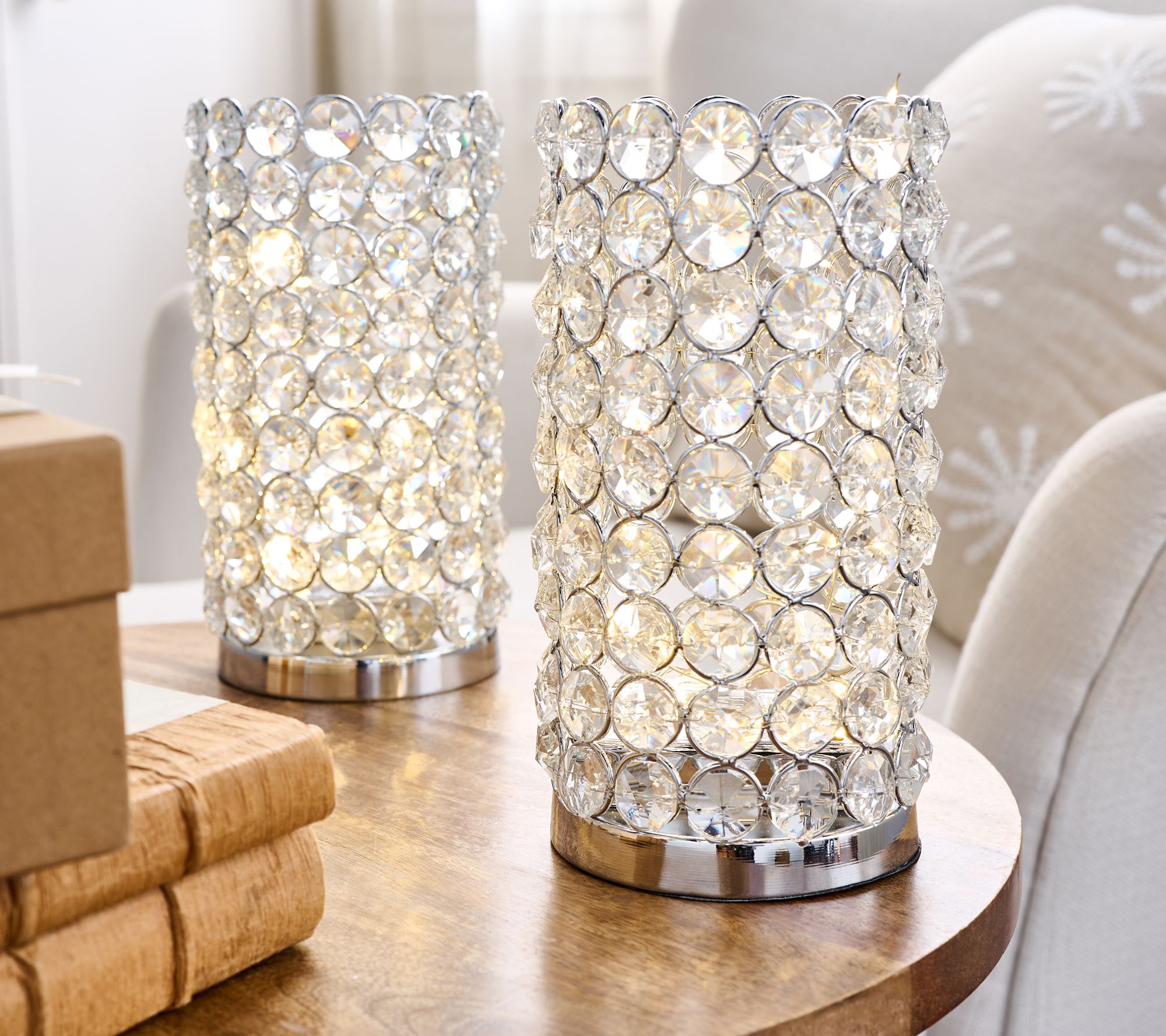 Set of 2 8" Illuminated Faceted_Glass Hurricanes by Valerie