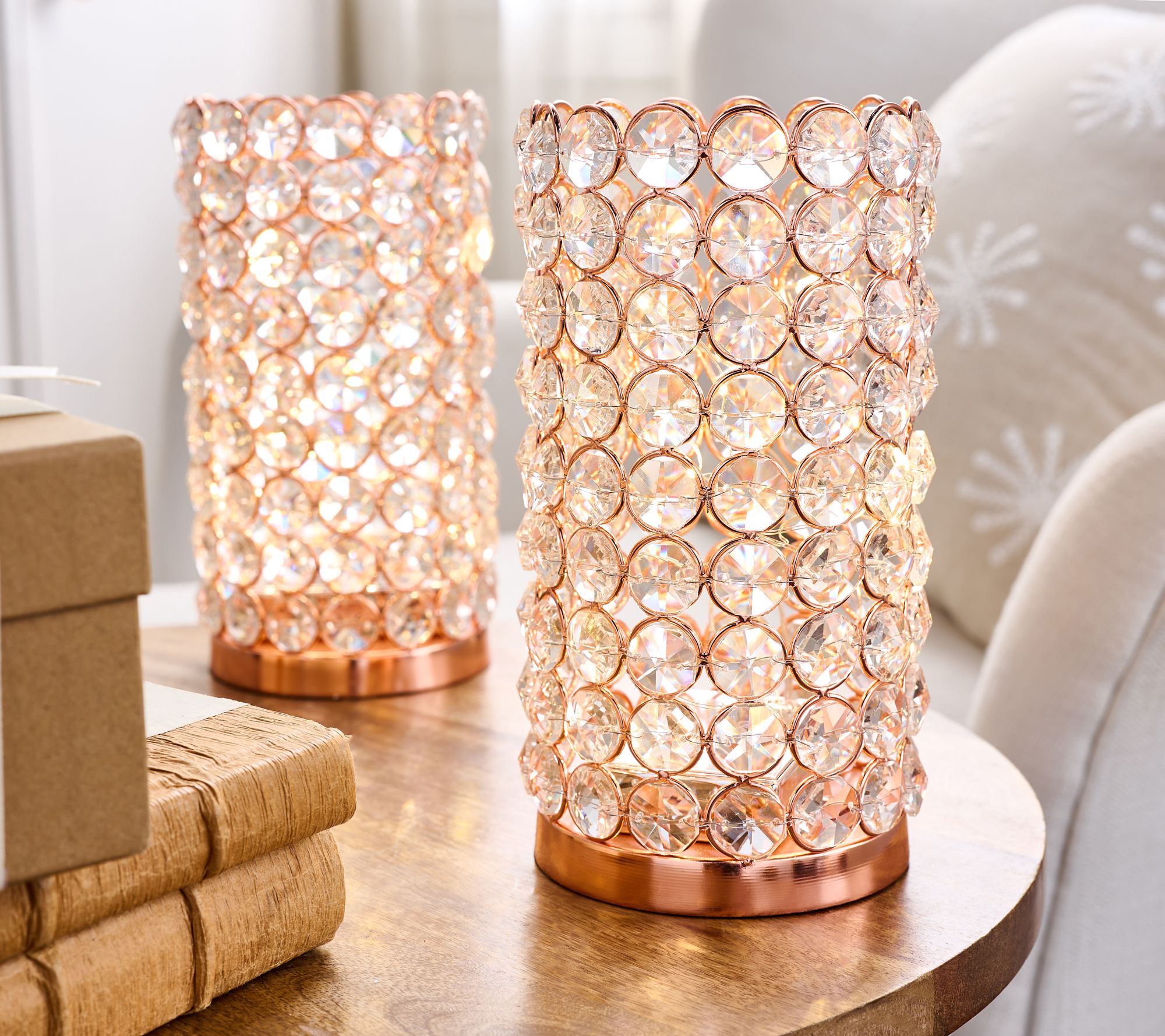 Set of 2 8" Illuminated Faceted_Glass Hurricanes by Valerie