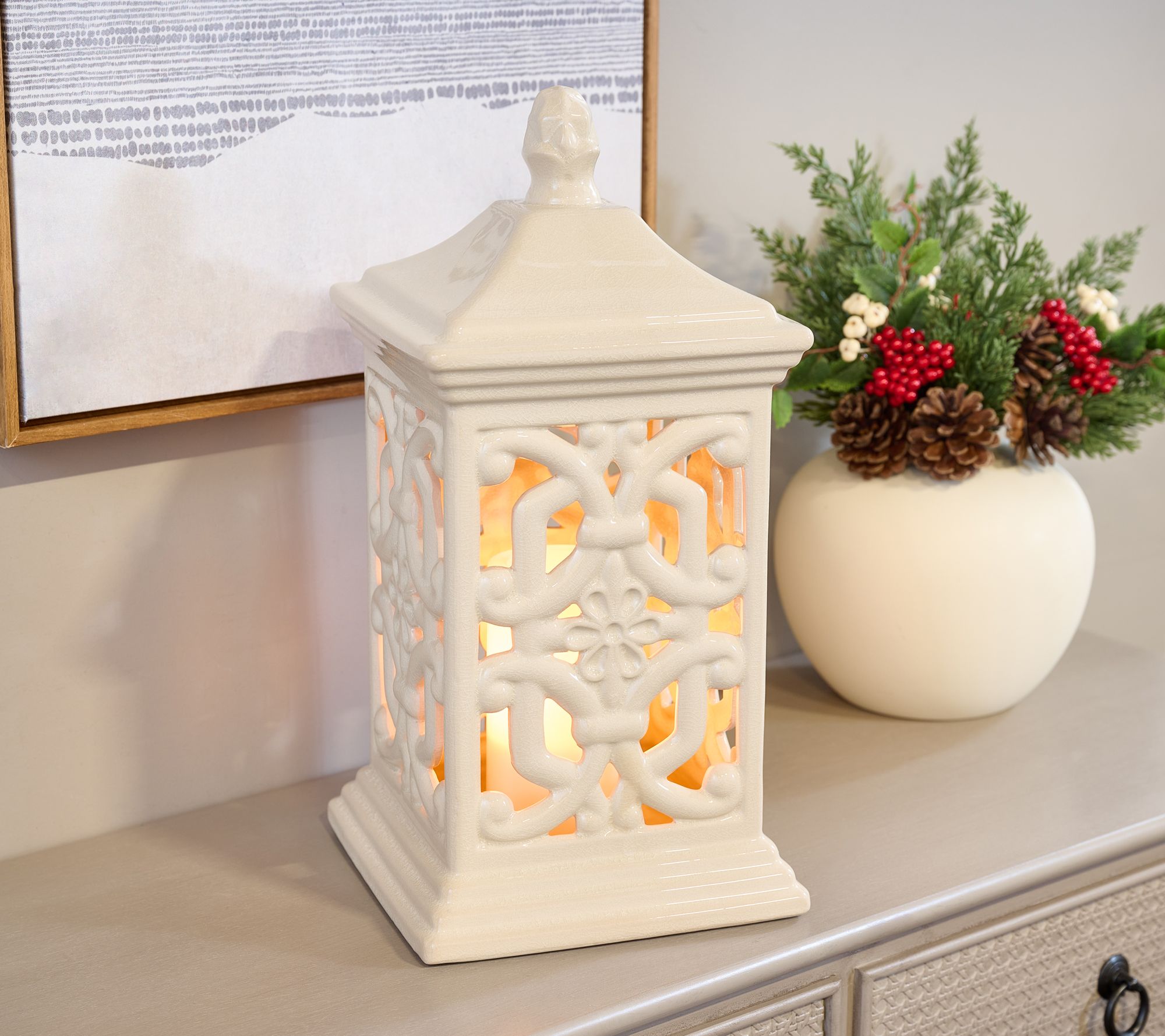 15" Flickering Flame Ceramic Lantern by Valerie