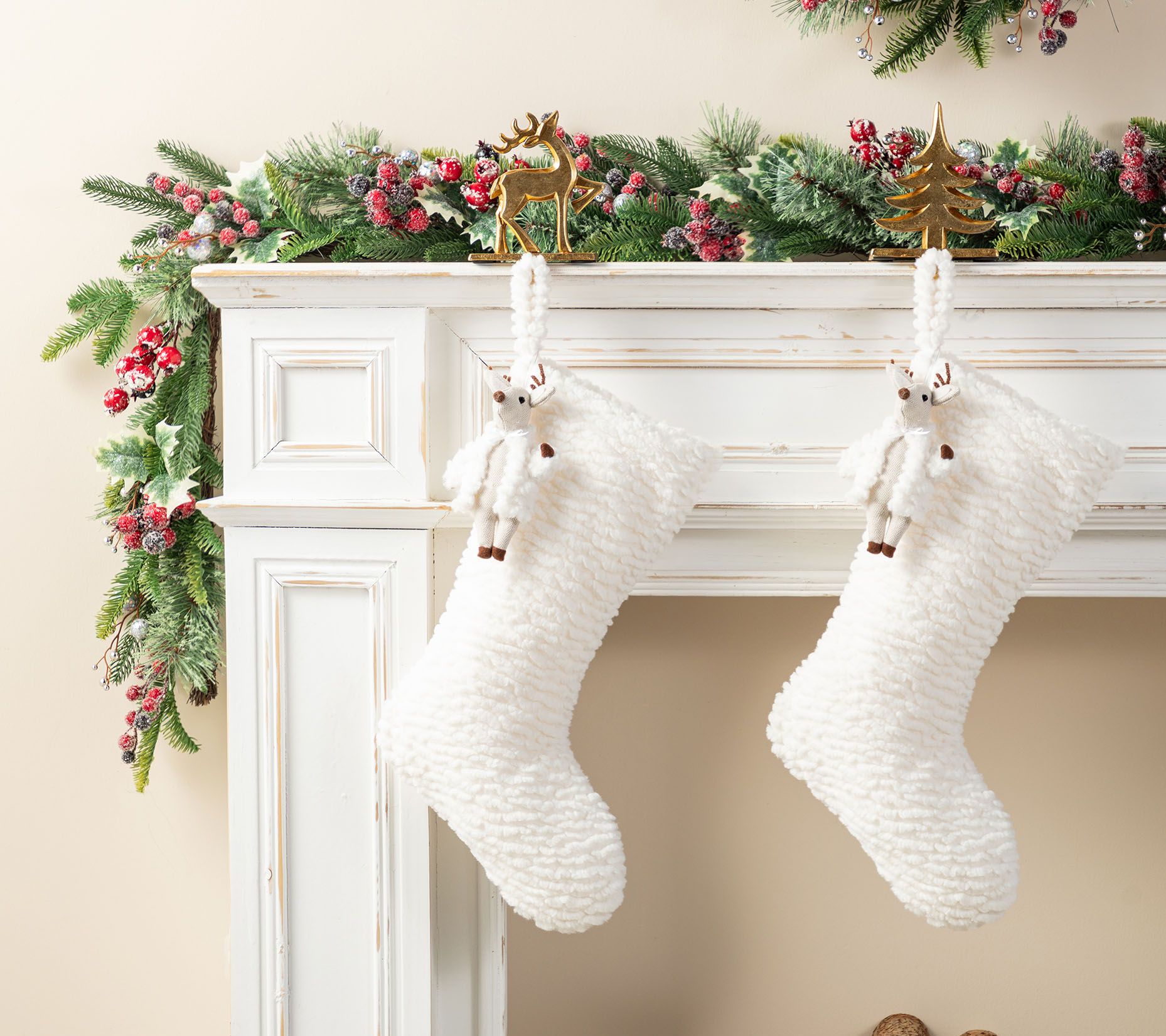 Glitzhome 21" White Plush Reindeer Ornament Christmas Stocking